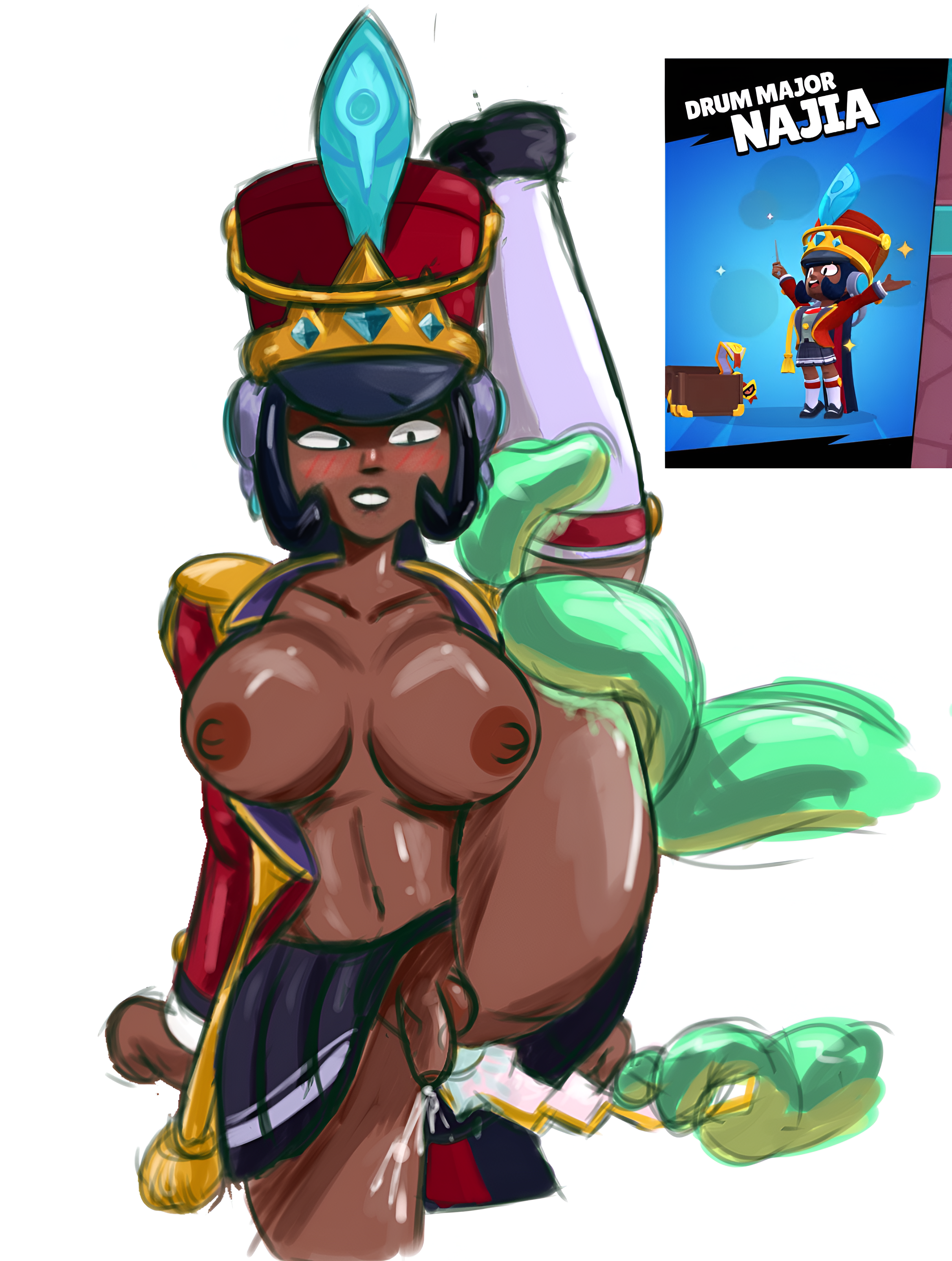 anal object insertion, artist request, blushing, brawl stars, cum while penetrated, futa is smaller, futanari, handsfree ejaculation, legs up, najia (brawl stars), penis under skirt, tentacles, tits out