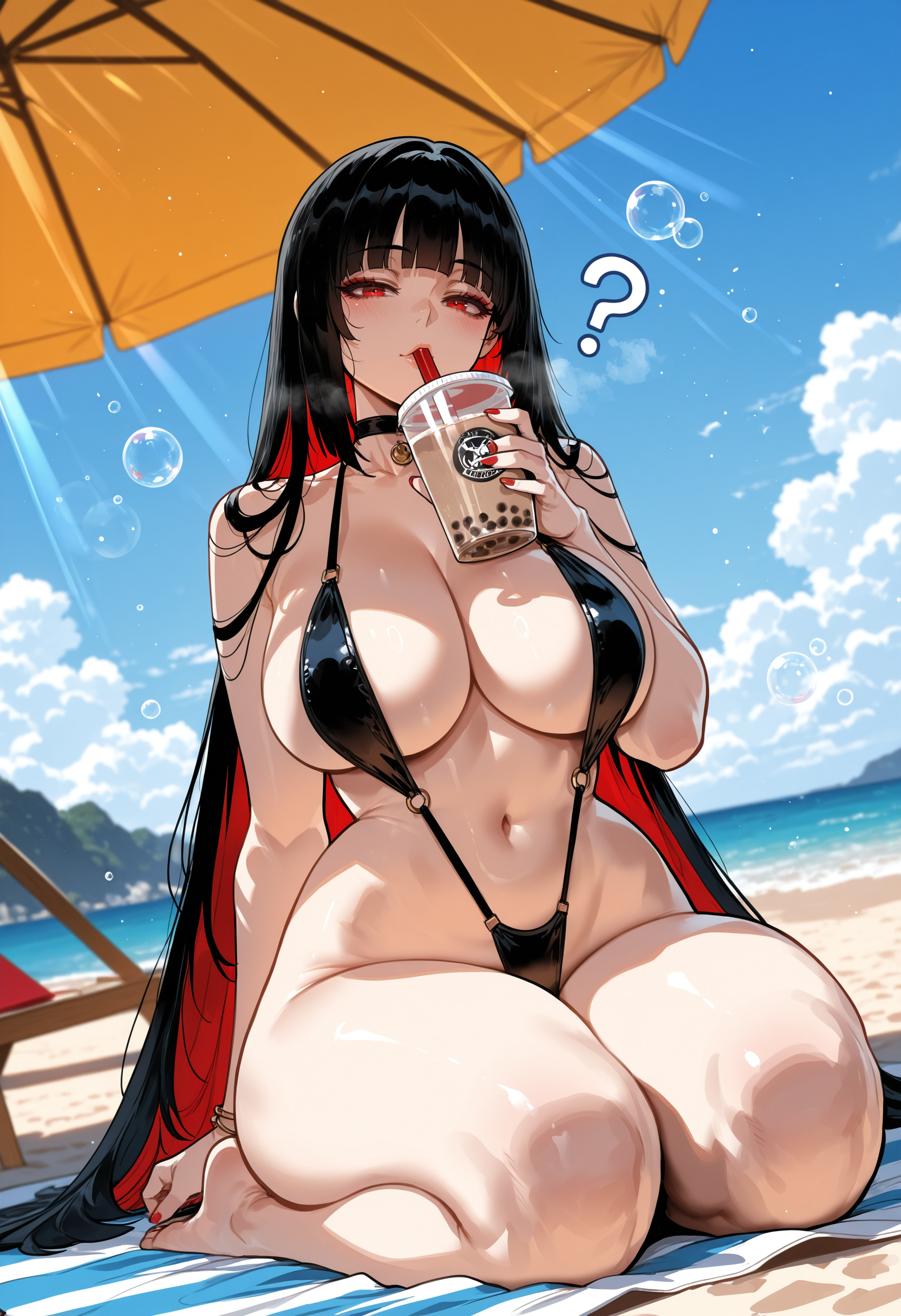 ai generated, beach, beach background, big ass, big breasts, big butt, big thighs, black hair, coffee, female, female only, huge ass, huge breasts, huge butt, huge thighs, jabami yumeko, kakegurui, miyuai, one-piece swimsuit, question mark, red eyes, sexy, sexy body, solo, thick, thick ass, thick butt, thick legs, thick thighs