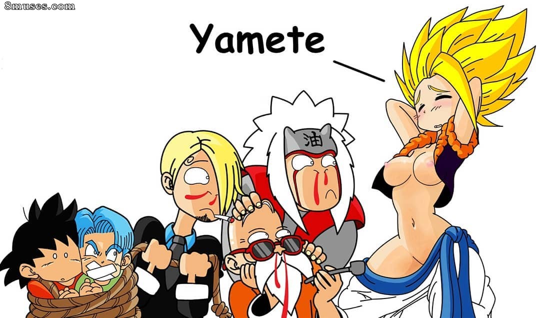 1girls, 5boys, botbot, dragon ball, embarrassed, exposed nipples, female, huge breasts, jiraiya, kefla, looking at breasts, male, master roshi, multiple boys, muten roushi, naruto, naruto (series), nosebleed, one piece, pasawaykomiks, sanji, son goten, tied up, trunks (dragon ball)
