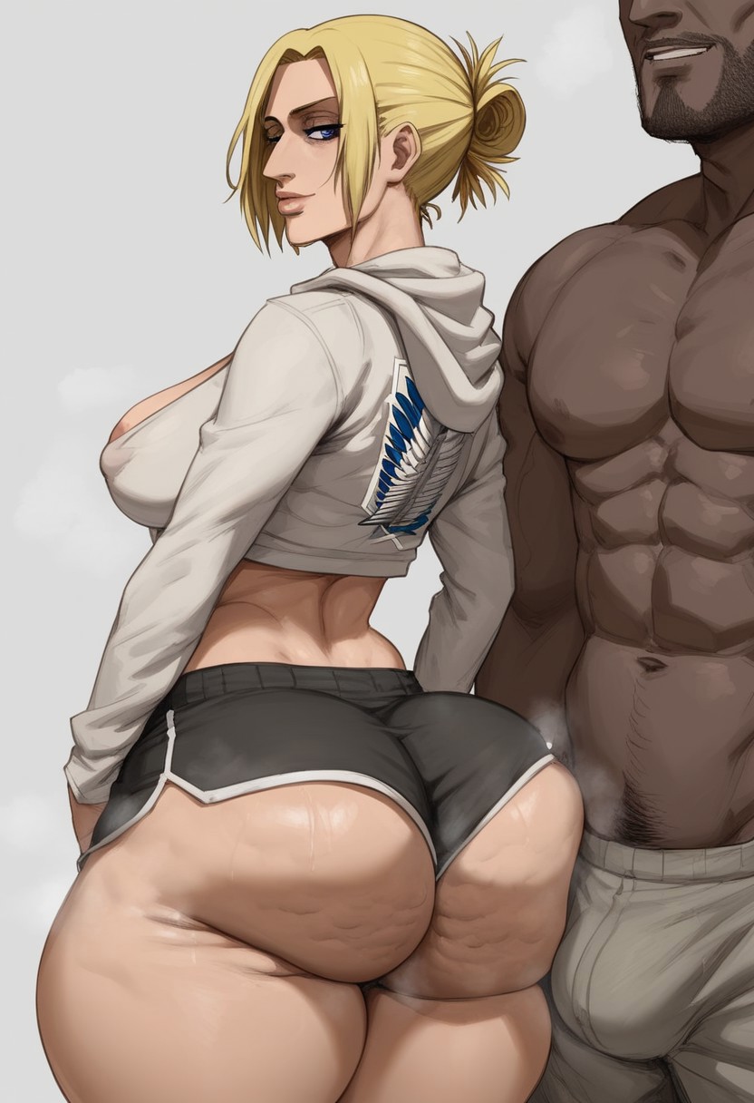 1boy1girl, ai generated, annie leonhardt, ass, attack on titan, big ass, breasts, bulge, cellulite, dark skin, dark-skinned male, dolphin shorts, faceless male, fat ass, interracial, muscular male, netorare, ntr, shingeki no kyojin, shorts, taiga20