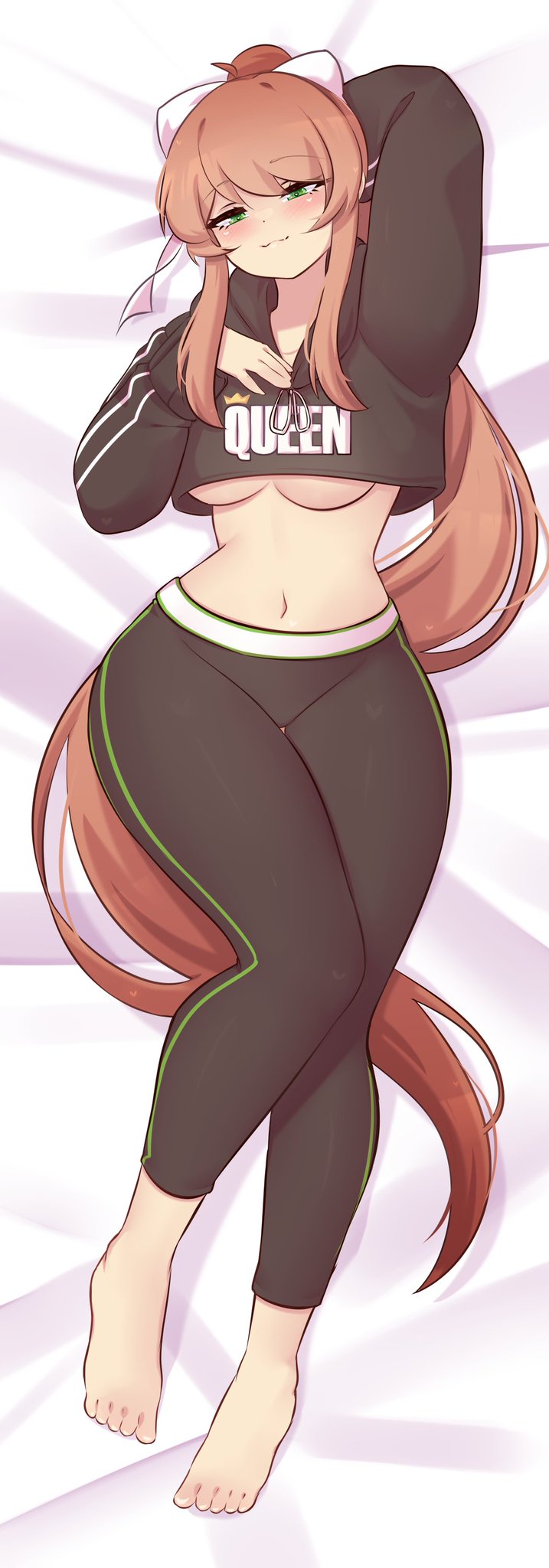 clothed, clothed female, dakimakura, doki doki literature club, looking at viewer, monika (doki doki literature club), on back, on bed, raionart, underboob