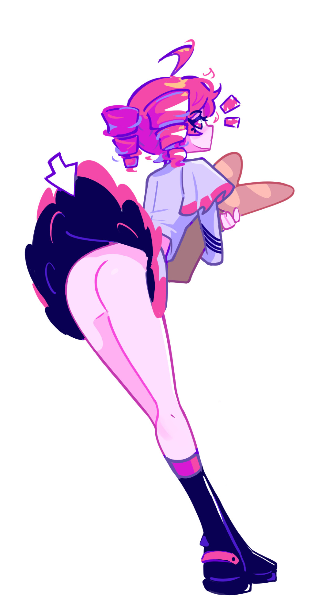 ass, baguette, bent over, boots, bread, dizzyisdizzy, female, holding food, kasane teto, kasane teto (sv), looking at viewer, looking back, medium hair, red eyes, red hair, shirt, simple background, skirt, skirt lift, solo, surprised, synthesizer v, twintails, white background