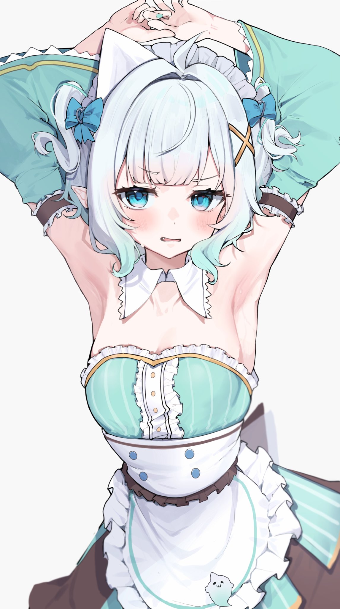 1girls, apron, armpits, arms up, black bow, black skirt, blue bow, blue eyes, blush, bow, breasts, center frills, commentary, densetsu.exe, detached collar, detached sleeves, dress, english commentary, female, frilled dress, frills, gradient hair, green dress, green hair, green sleeves, hair ornament, hairbow, hairclip, highres, indie virtual youtuber, looking at viewer, maid, maid headdress, maid mint, mint fantome, mint fantome (minto 2.0), multicolored hair, oimo 0imo, pointy ears, short hair, skirt, skirt under dress, sleeveless, sleeveless dress, small breasts, solo, striped clothes, striped dress, triangular headpiece, two side up, vertical-striped clothes, vertical-striped dress, virtual youtuber, vtuber, waist apron, wavy hair, white apron, white hair, wide sleeves, x hair ornament