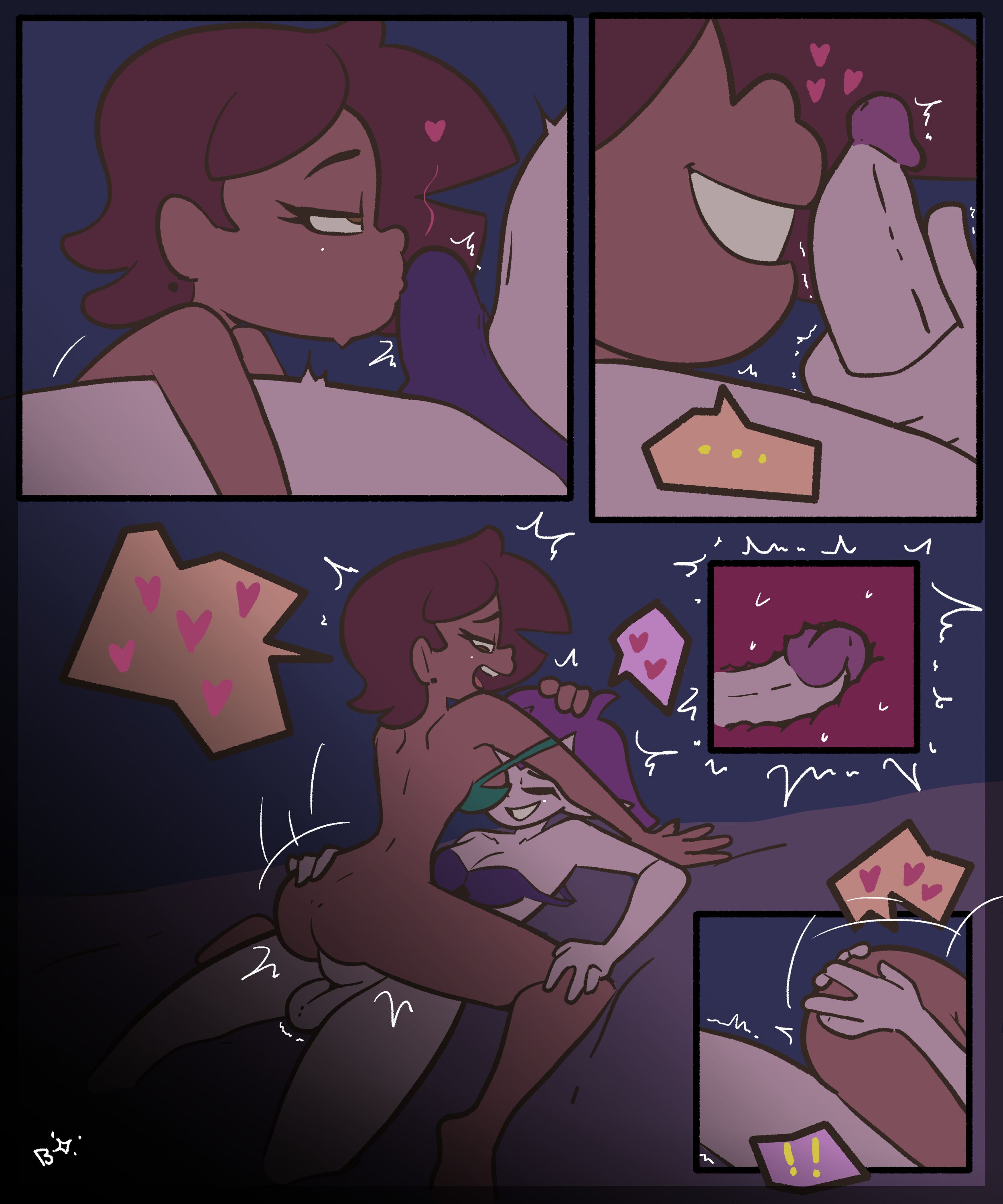 1futa, 1girls, afrolatina, amity blight, bed, blightstar, bottomless, bra, bra strap down, brown hair, canon couple, comic, cowgirl position, earrings, erection, erection in panties, girlfriends, hand on ass, hand on head, heart, human, internal, kissing penis, luz noceda, part of a set, purple hair, riding, riding penis, smile, spoken heart, tagme, the owl house, undressing, witch
