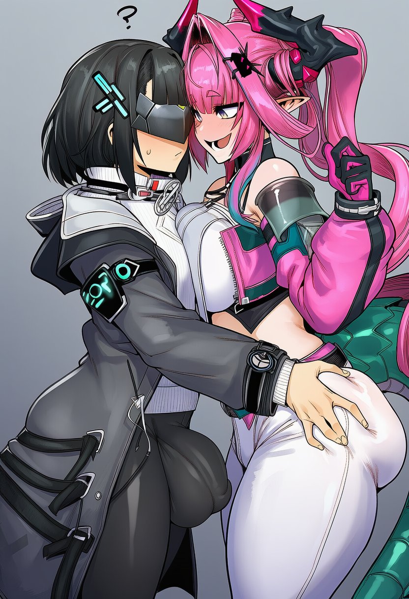 ?, 1futa, 2d, 2girls, ai generated, arknights, arknights: endfield, ass, ass grab, balls, big ass, big balls, big breasts, big butt, big cock, big penis, big testicles, big thighs, black hair, blush, breast press, breasts, bulge, bulge through clothing, bulge under clothes, cock, covered penis, cyreneceo, detached sleeves, dragon girl, dragon horns, dragon tail, endministrator (arknights: endfield), face mask, female, female endministrator (arknights: endfield), flaccid, flaccid penis, futa with female, futa/female, futanari, gloves, grey background, hair ornament, horns, huge balls, huge testicles, imminent sex, jacket, large ass, large balls, large breasts, large butt, large cock, large penis, large testicles, large thighs, long hair, long sleeves, looking at another, mask, multiple girls, open mouth, pants, penis, penis bulge, pink hair, pointy ears, short hair, smile, tail, testicles, thick ass, thick butt, thick thighs, thighs, twintails, white pants, yvonne (arknights: endfield)