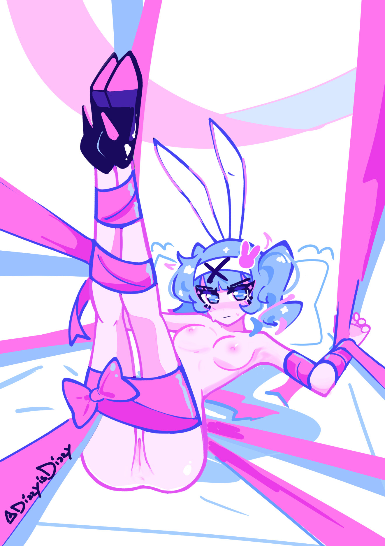 1girl, animal ears, aqua eyes, aqua hair, artist name, ass, bangs, bdsm, black footwear, blue eyes, blue hair, blush, bondage, bound, bound legs, bow, breasts, bunny ears, completely nude, dizzyisdizzy, female, flustered, hair ornament, hatsune miku, headband, high heels, legs up, looking at viewer, lying, lying on back, lying on bed, medium breasts, naked ribbon, nipples, nude, on back, pillow, pink ribbon, pussy, rabbit ears, rabbit hair ornament, rabbit hole (vocaloid), ribbon, ribbon bondage, ribbons, side ponytail, simple background, solo, tied up, twintails, white background, x hair ornament