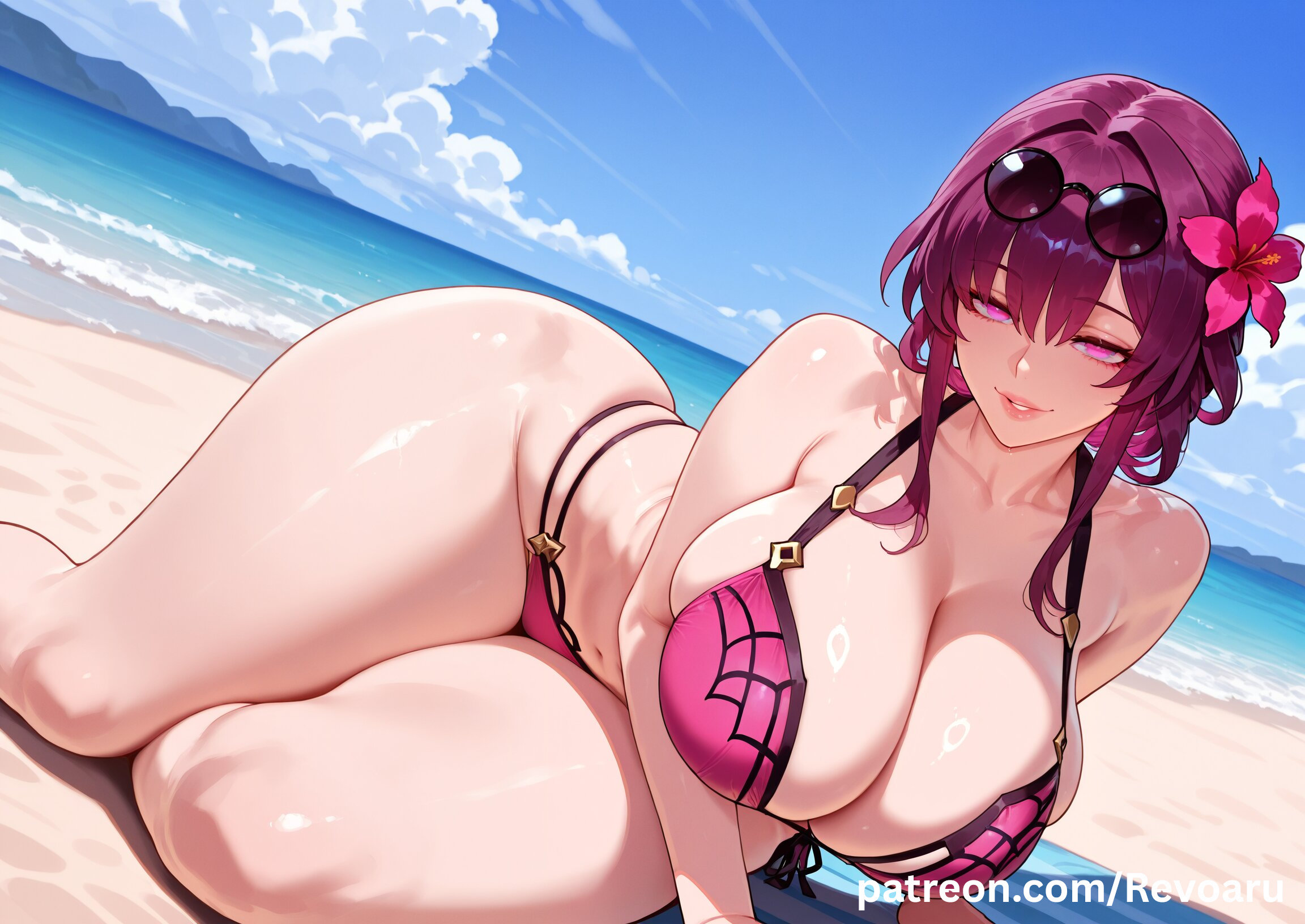 ai generated, big breasts, bikini, breasts, female, honkai (series), honkai: star rail, hoyoverse, huge breasts, kafka (honkai: star rail), mature, mature female, purple hair, quality, revoaru, solo, thick thighs, thighs