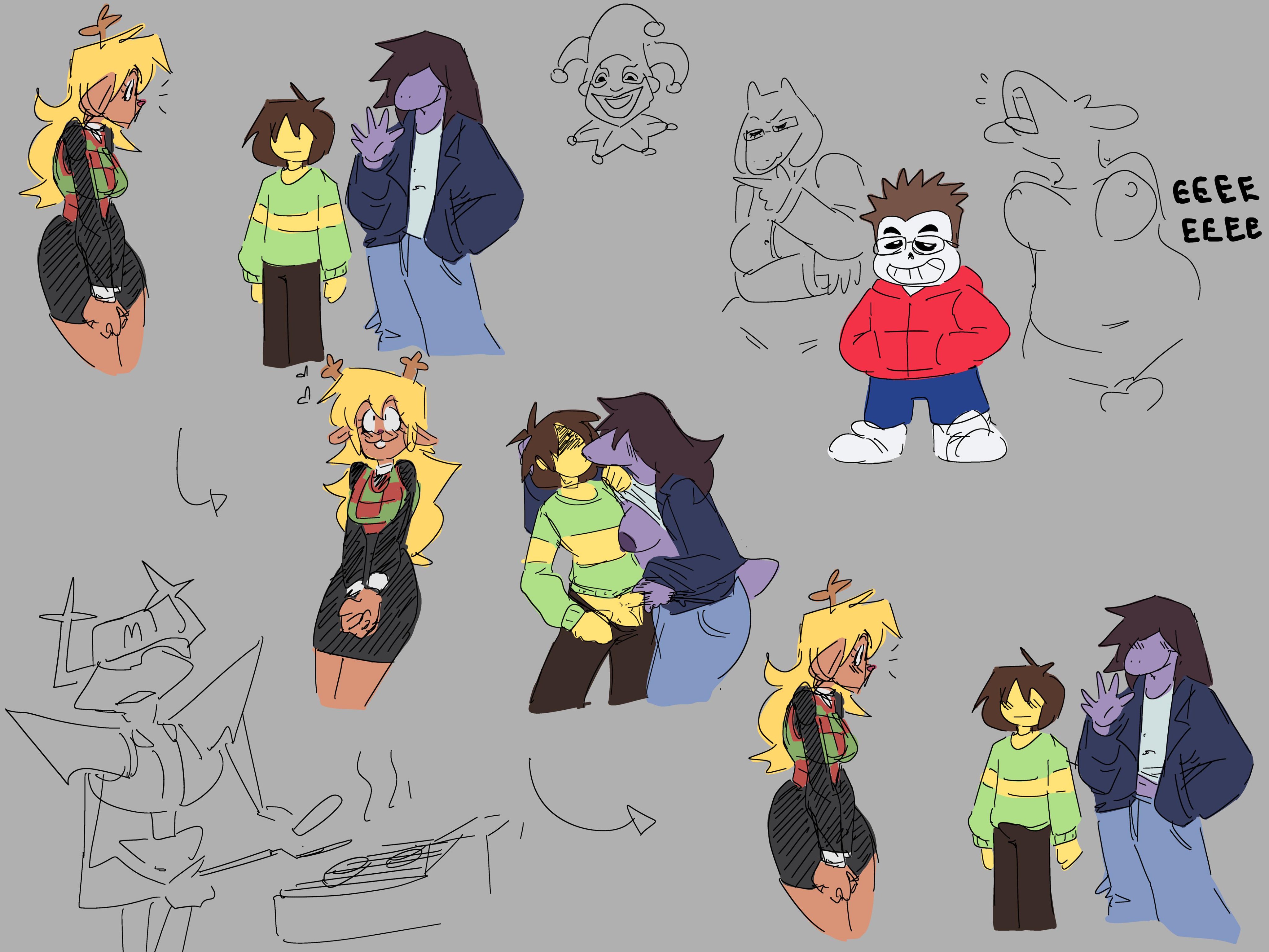 artist request, breasts, cuckelle, deltarune, doodle, kris (deltarune), nipples, noelle holiday, penis, roaring knight, sans, sketch, suggestive look, susie (deltarune), toriel, undertale (series)