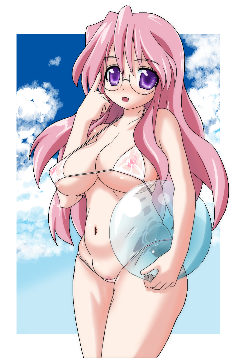 beach_ball bikini breasts clitoris_slip female female_only glasses huge_breasts human kuroore large_breasts long_hair lucky_star miyuki_takara pink_hair purple_eyes pussy see-through solo swimsuit uncensored