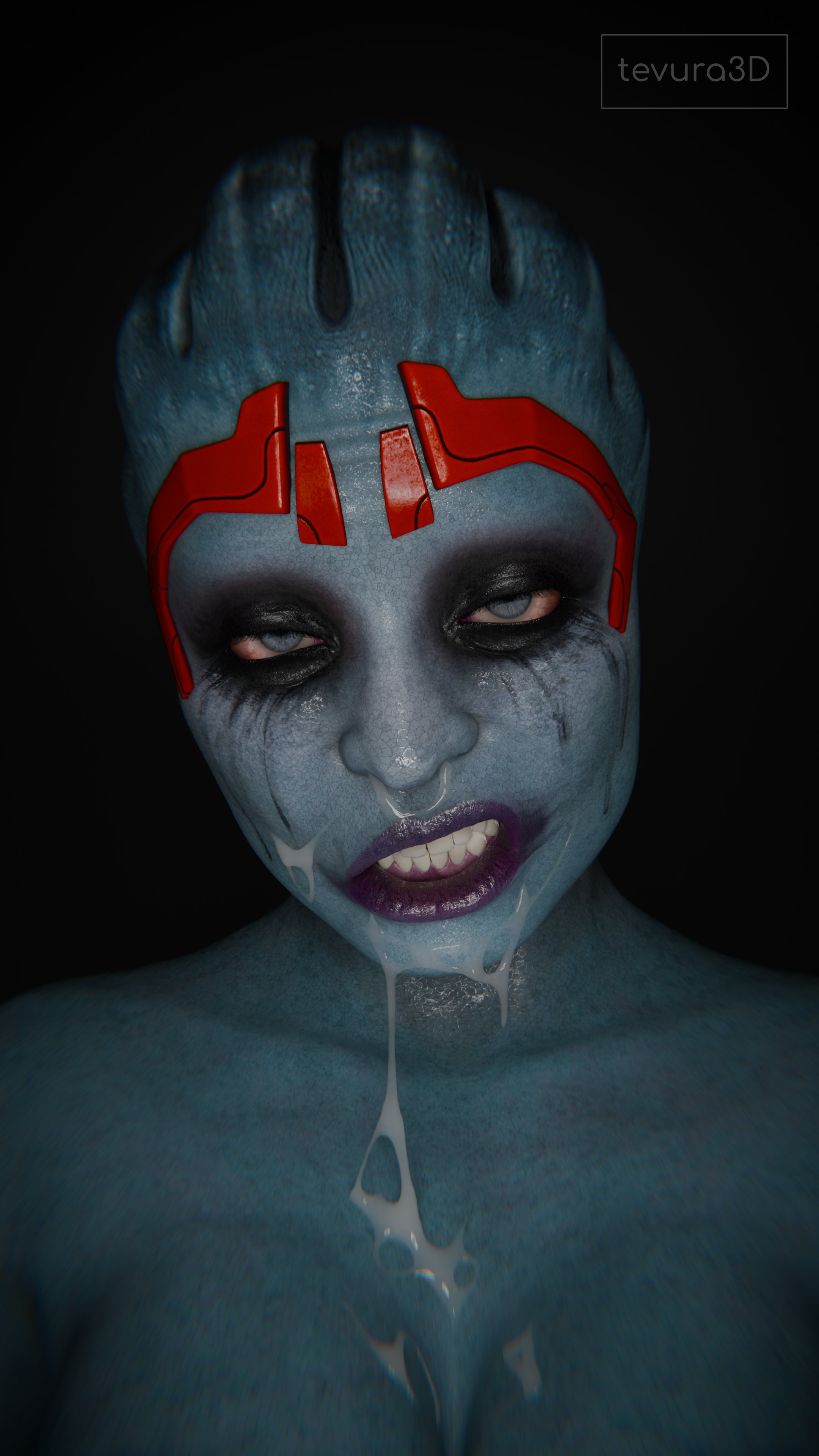 1girls, 3d, after sex, alien, asari, bioware, blue eyes, blue skin, cum, cum on face, female, female only, mass effect, post blowjob, running mascara, runny makeup, samara, solo, tentacle hair, tevura3d
