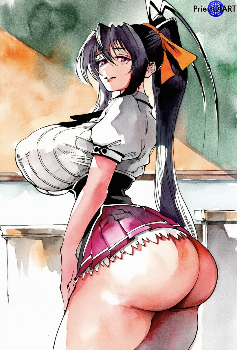 1girls, ai generated, akeno himejima, ass, ass focus, big ass, big breasts, black hair, breasts, busty, classroom, curvy, curvy figure, female, female only, high school dxd, huge ass, huge breasts, indoors, light-skinned female, long hair, ponytail, priestofart, purple eyes, school, school uniform, shiny, shirt, solo, thighs, very long hair, watercolor, watercolor (artwork), watermark, wide hips