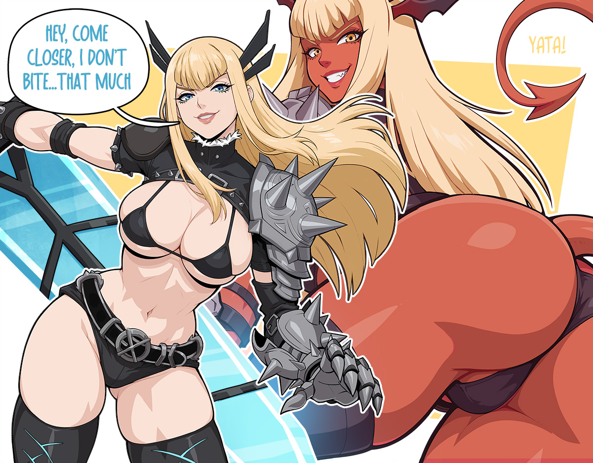 1girls, ai assisted, ass, ass visible through thighs, bent over, blonde hair, blue eyes, breasts, demon girl, demon horns, demon tail, large breasts, looking back, magik (darkchylde), magik (illyana rasputin), magik (marvel tokon), marvel, marvel tokon: fighting souls, orange eyes, parted lips, red skin, smile, tail, x-men, yatagarasupen
