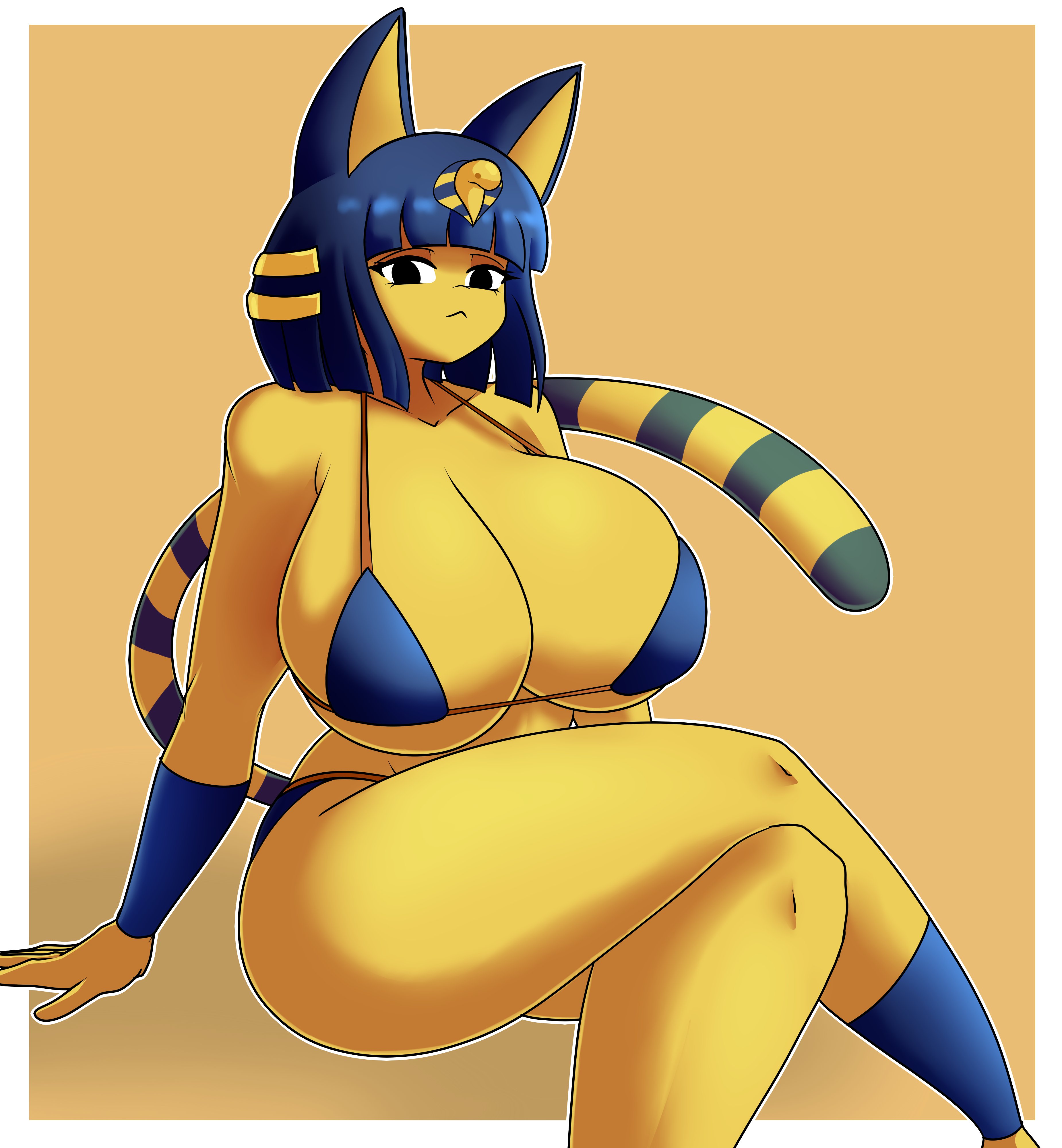 2026, absurd res, animal crossing, ankha, ankha (animal crossing), anklet, anthro, anthrofied, armlet, big breasts, black eyes, blue hair, bra, breasts, cleavage, clothed, clothing, collarbone, crossed legs, davidsillo123, digital drawing (artwork), digital media (artwork), domestic cat, doubutsu no mori, female, fur, furry, furry female, hair, hi res, high resolution, highres, huge breasts, huge thighs, jewelry, large breasts, looking at viewer, mammal, markings, nairu (doubutsu no mori), nintendo, panties, simple background, sitting, solo, striped markings, striped tail, stripes, tail, tail markings, thick thighs, thighs, underwear, uraeus, wide hips, yellow background, yellow body, yellow fur