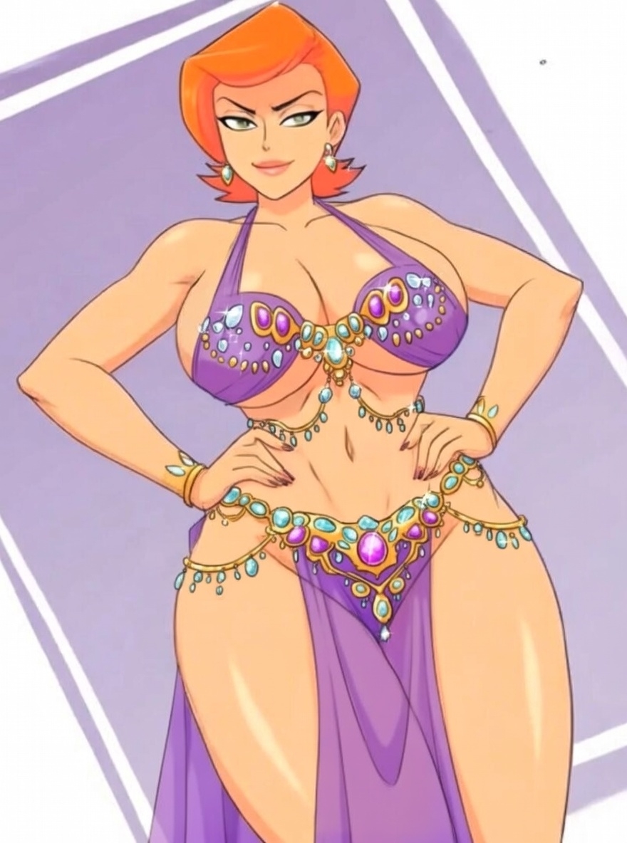 ai generated, arabian clothes, belly dancer, belly dancer outfit, ben 10, big ass, big breasts, cartoon network, curvy, curvy body, curvy female, earrings, gold jewelry, green eyes, gwen tennyson, hourglass figure, jewelry, large ass, large breasts, looking at viewer, orange hair, red hair, thick thighs, wide hips