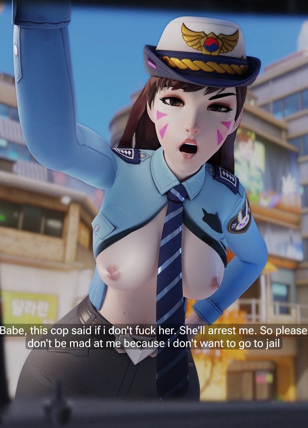 1girls, 3d, angry, blizzard entertainment, breasts, breasts out, brown eyes, brown hair, cheating, cheating (relationship), cheating boyfriend, cuckquean, d.va, english text, face markings, female, female focus, female only, homewrecker, looking at viewer, medium breasts, navel, nipples, officer, open mouth, open shirt, overwatch, pale skin, pale-skinned female, police, police officer d.va, police uniform, policewoman, reverse rape, snapchat, solo, tagme, text, third-party edit, tie, yakinowo