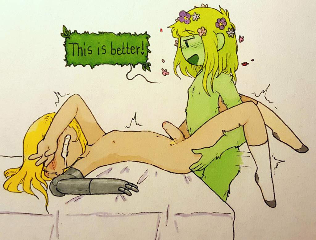 2boys, adventure time, artist request, blonde hair, blonde pubic hair, blush, blushing, erect penis, femboy, fern the human, finn the human, gay, gay sex, humanoid on human, long hair, on back, on bed, penis, selfcest, socks, yaoi