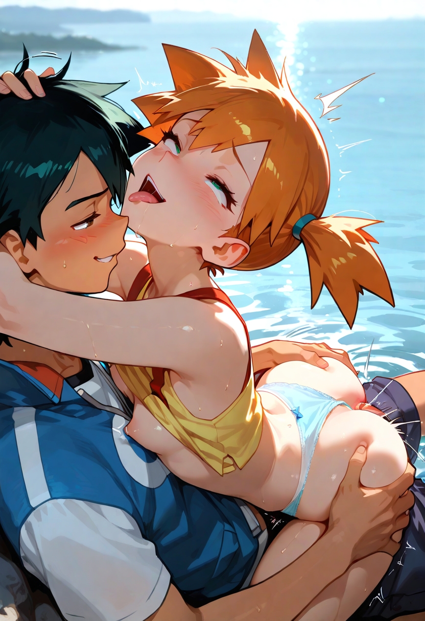 (pokemon), 1boy, 1girl, ahegao, ai generated, ash ketchum, ass, ass grab, blush, breasts, clothed sex, clothes lift, clothing aside, eyes, girl on top, greymaker, grin, half-closed, hetero, kasumi (pokemon), misty (pokemon), nipples, open mouth, out, outdoors, panties, pokemon, rolling eyes, saliva, satoshi (pokemon), sex, shirt, shirt lift, shorts, side ponytail, small breasts, smile, straddling, sweat, tank top, tongue, underwear
