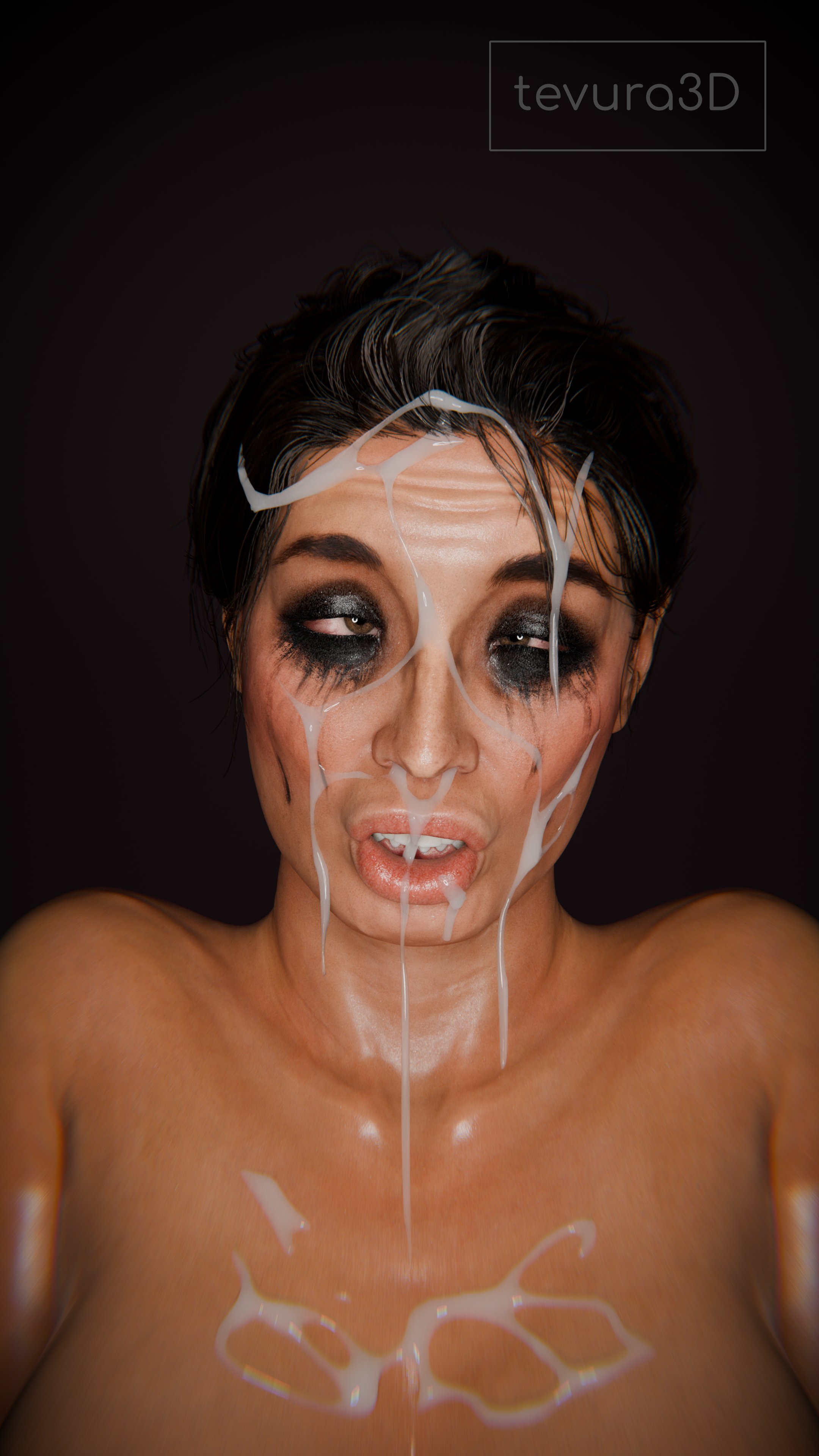 1girls, 3d, after sex, ashley williams, bioware, black hair, brown eyes, cross-eyed, cum, cum on face, female, female only, mass effect, running mascara, runny makeup, solo, tevura3d