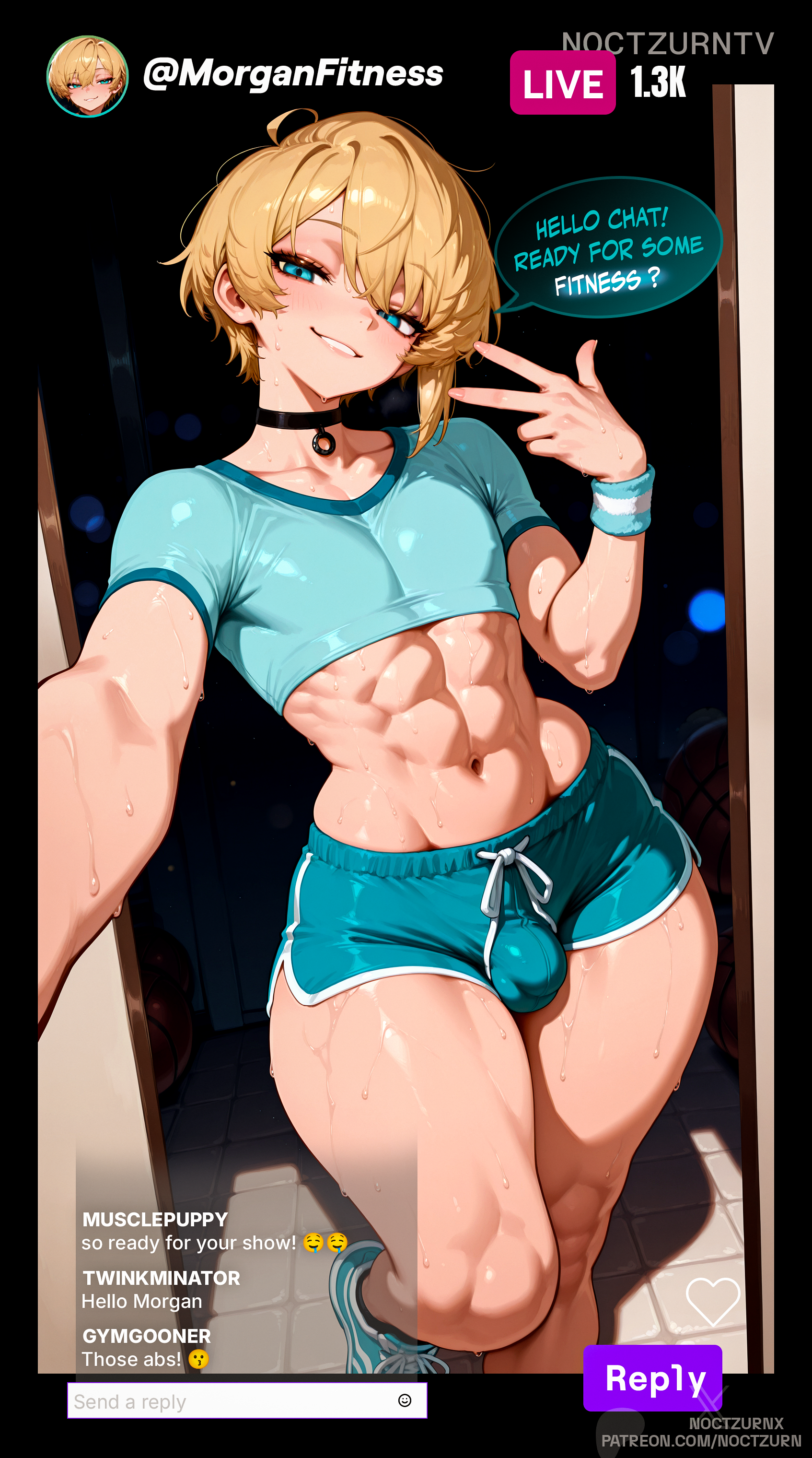 1boy, abs, ai generated, anus, ass, basket, big ass, big butt, blonde hair, blue eyes, boy, bulge, chat, choker, curvy, curvy body, curvy figure, english text, fat ass, femboy, femboy focus, femboysub, feminine body, feminine male, fitness, fitness influencer, flat chest, gay, girly, huge ass, male, male only, minishorts, morgan pitfall(oc), noctzurn, selfie, selfie pose, solo, streamer, streaming, thick ass, thick hips, thick thighs, thighs, yaoi