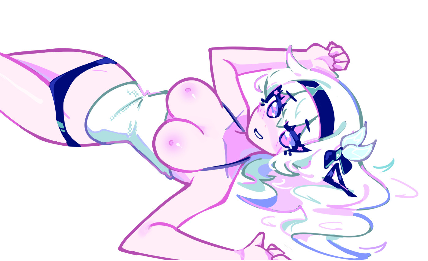 blush, breasts, breasts out, dizzyisdizzy, female, firefly (honkai: star rail), headband, long hair, looking at viewer, lying, lying on back, panties, pink eyes, simple background, solo, tank top, white background, white hair