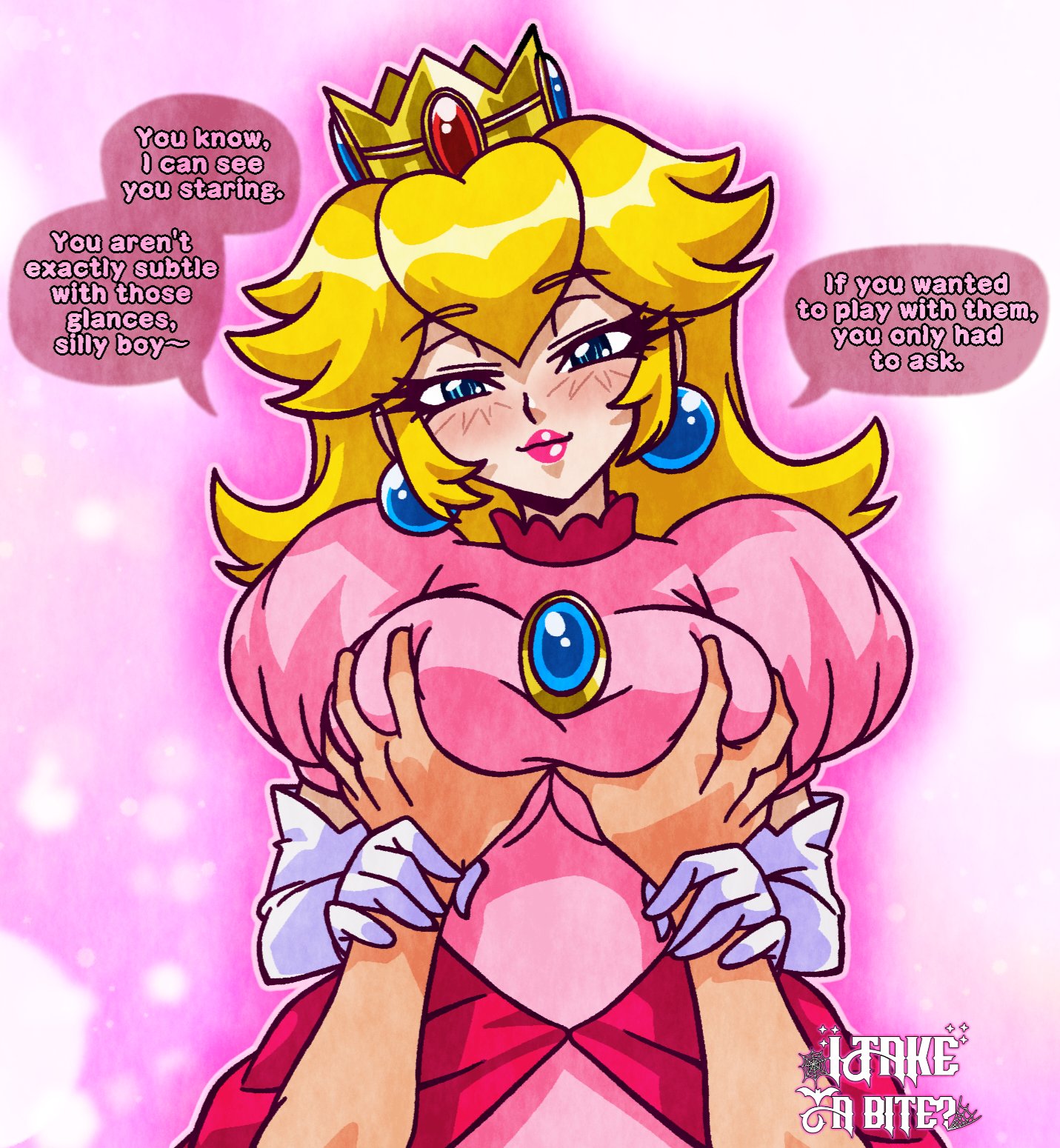 1boy, 1girls, assertive female, big breasts, blonde hair, blue eyes, breast grab, breasts, busty, clothed, clothing, dress, female, female focus, guided breast grab, guiding hand, half-closed eyes, hands on breasts, human, human only, itakeabite, large breasts, light skin, light-skinned female, light-skinned male, long hair, male, male/female, mammal, mario (series), mature, mature female, mature male, nintendo, pink lipstick, pov, princess, princess peach, royalty, seductive, seductive look, smile, straight, unseen male, wholesome