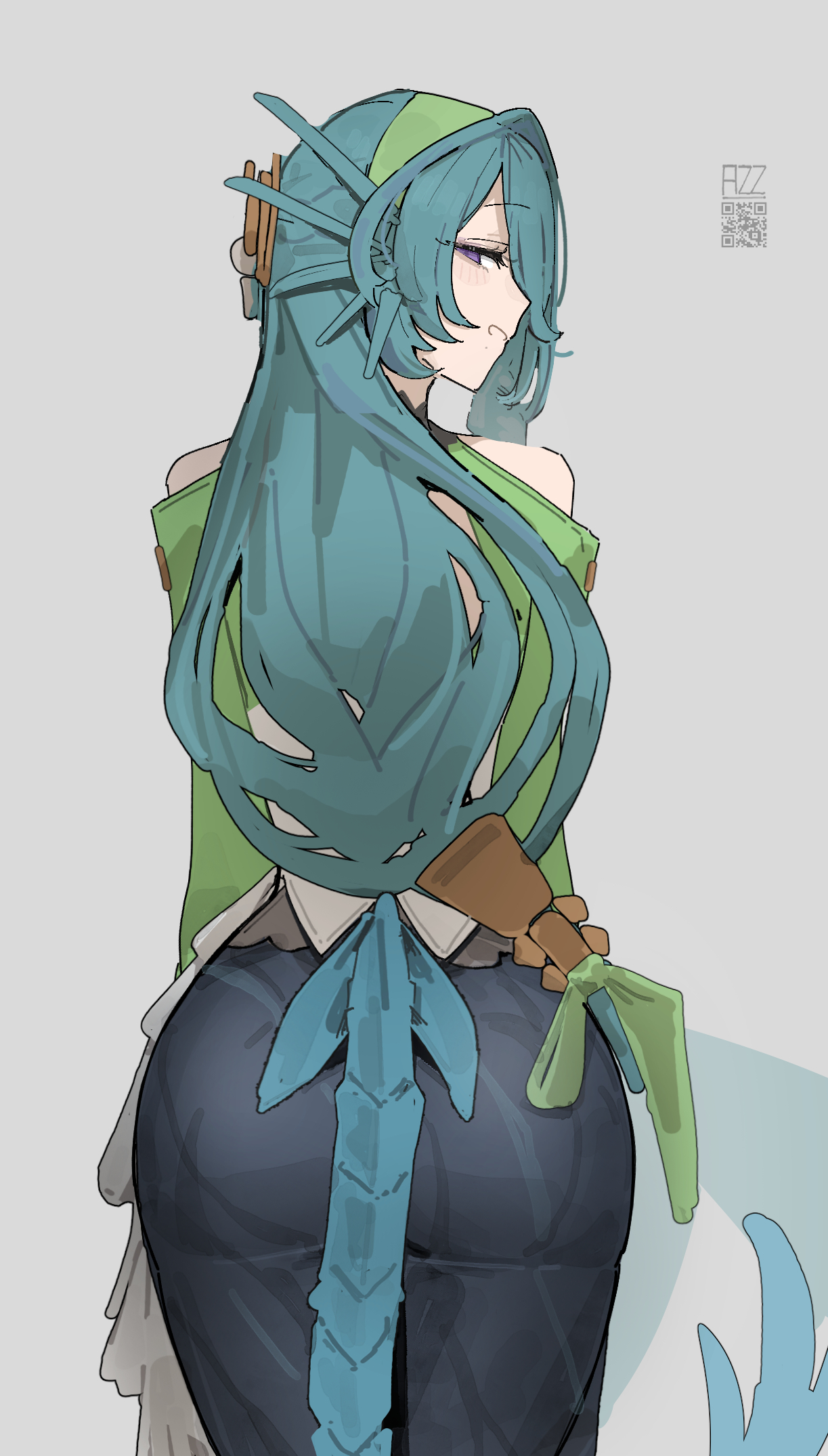 1girls, 2026, angels of delusion, artist name, ass, azz0422, back, back view, bare shoulders, blue hair, cecilia (zenless zone zero), clothed, clothing, color, colored, digital media (artwork), female, female only, first porn of character, fully clothed, hair, hi res, hoyoverse, light skin, light-skinned female, long hair, looking at viewer, looking back, mihoyo, name tag, npc, purple eyes, qr code, simple background, smile, smile at viewer, solo, thick thighs, thighs, white background, zenless zone zero