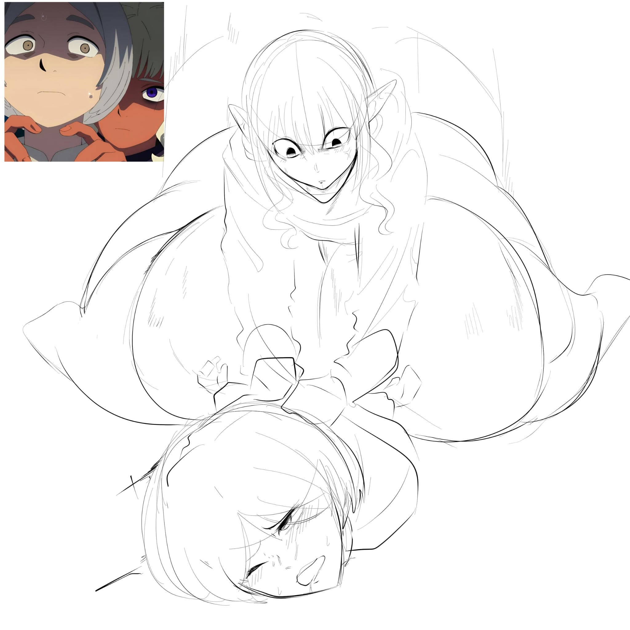 2boys, anal, anal insertion, anal sex, ass, big ass, big butt, bottom heavy, dungeon meshi, gay, kungkimori, laying down, laying on stomach, one eye closed, pointy ears, sketch, thistle (dungeon meshi), uncolored, yaad, yaoi