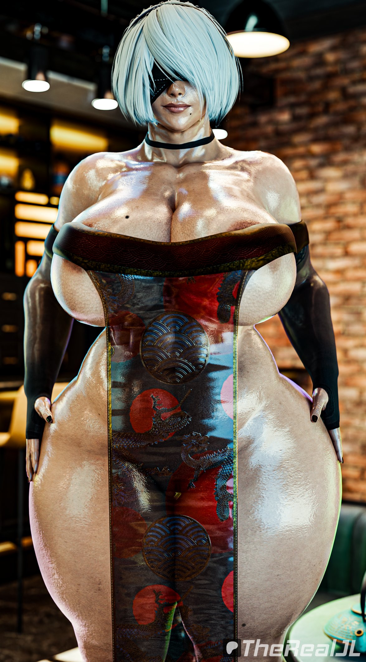 1girls, 3d, 3d (artwork), big breasts, black blindfold, blindfold, breasts, clothed, clothed female, female, female focus, female only, from front, from front position, front view, large boobs, large breasts, light skin, light-skinned female, nier, nier (series), nier: automata, solo, solo female, solo focus, standing, therealjl, thick thighs, thighs, voluptuous, voluptuous female, white hair, white hair female, yorha 2b