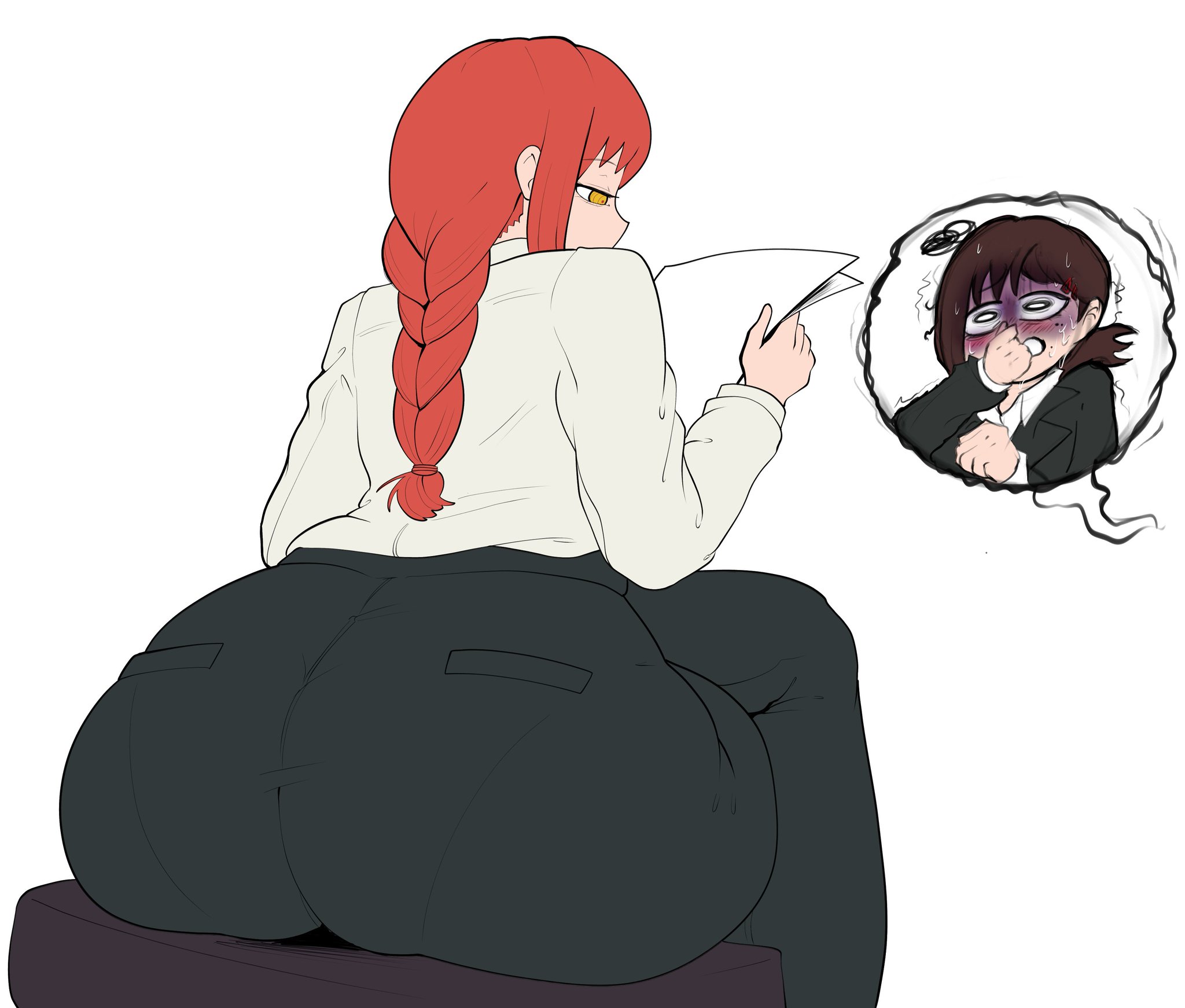 alternate version available, big ass, chainsaw man, disgusted, higashiyama kobeni, kobeni higashiyama, makima (chainsaw man), moonsobsessions, nervous, reading, tagme, teasing, yuri