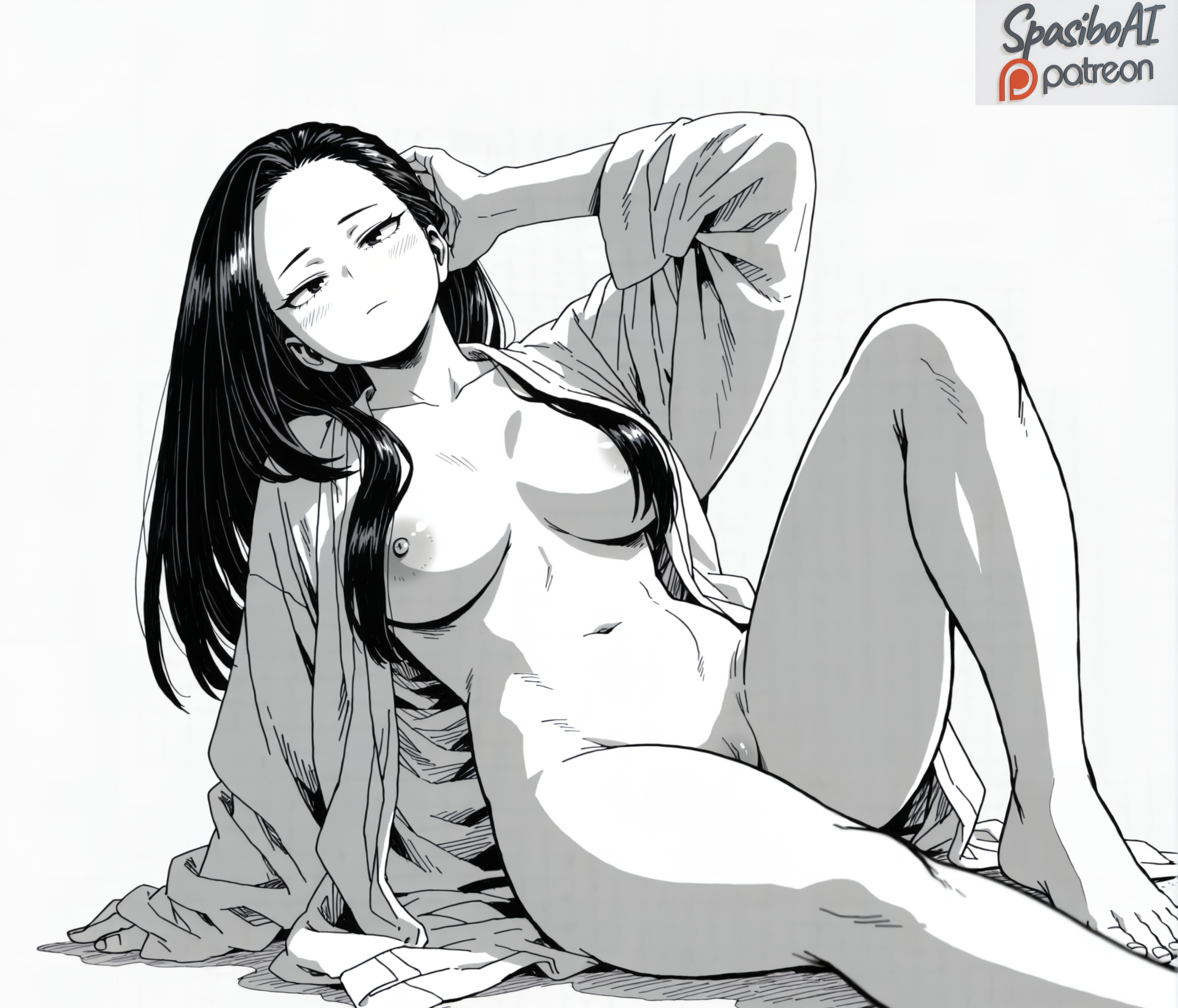 adjusting hair, ai generated, areola slip, arm support, arm up, barefoot, bathrobe, blush, boku no hero academia, breasts, breasts apart, cleft of venus, closed mouth, collarbone, expressionless, feet, female, female pubic hair, foot out of frame, forehead, greyscale, hair down, half-closed eyes, hand in own hair, japanese clothes, kimono, knee up, large breasts, leaning back, legs, long hair, long sleeves, looking at viewer, medium breasts, momo yaoyorozu, monochrome, my hero academia, naked kimono, navel, nipple slip, nipples, open clothes, open kimono, pubic hair, pussy, pussy peek, reclining, robe, simple background, sitting, solo, spasibo15, stomach, thighs, toenails, toes, white background, yaoyorozu momo