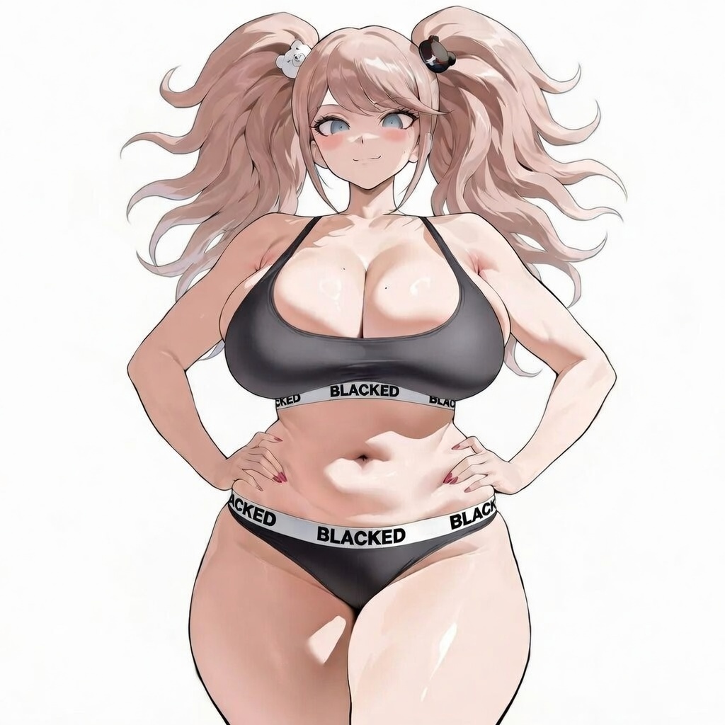 1girl, ai generated, big breasts, black panties, blacked, blacked clothing, blonde hair, blue eyes, bra, breasts, curvy, danganronpa, danganronpa: trigger happy havoc, hand on hip, huge breasts, junko enoshima, kyoko chan3, panties, sexy bitch, snowbunny, thick, tummy, twintails, underwear, underwear only, white background, wide hips