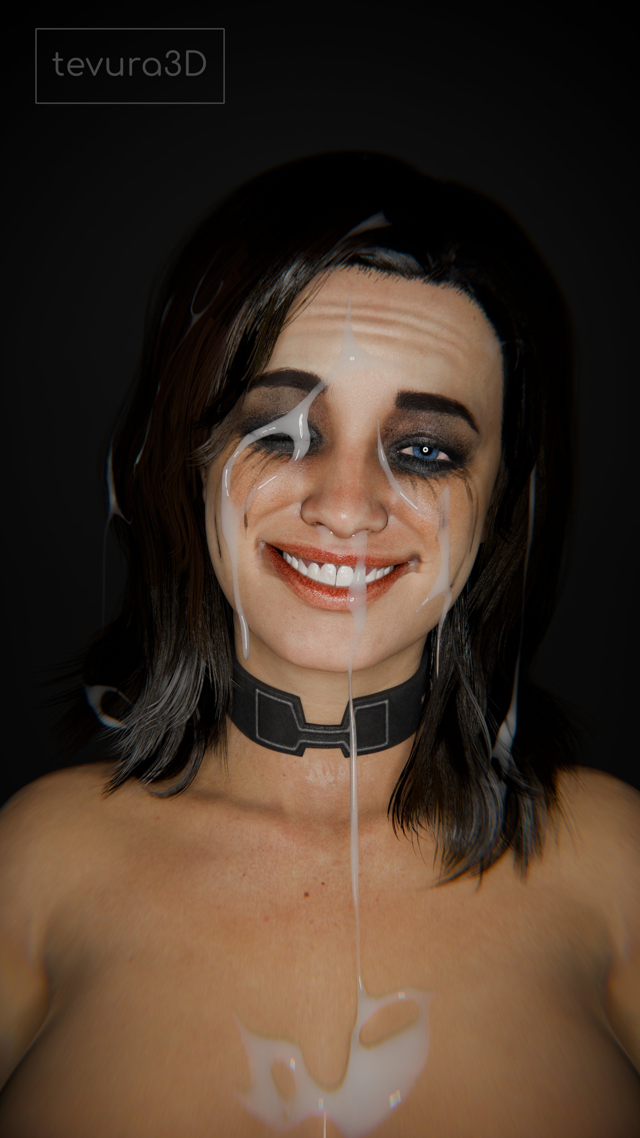 1girls, 3d, after sex, bioware, black hair, blue eyes, cum, cum on face, cum out nose, female, female only, mass effect, miranda lawson, one eye closed, running mascara, runny makeup, smile, solo, tevura3d