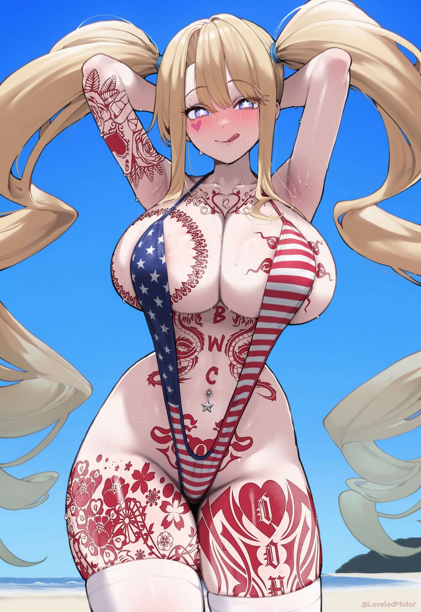 ai generated, american flag, american flag bikini, beach, beach background, belly piercing, bleached, blonde female, blonde hair, blue eyes, huge breasts, licking lips, looking at viewer, pierced belly button, qoh, queen of hearts, star eyes, tattoo, tattooed female, tattoos, twintails