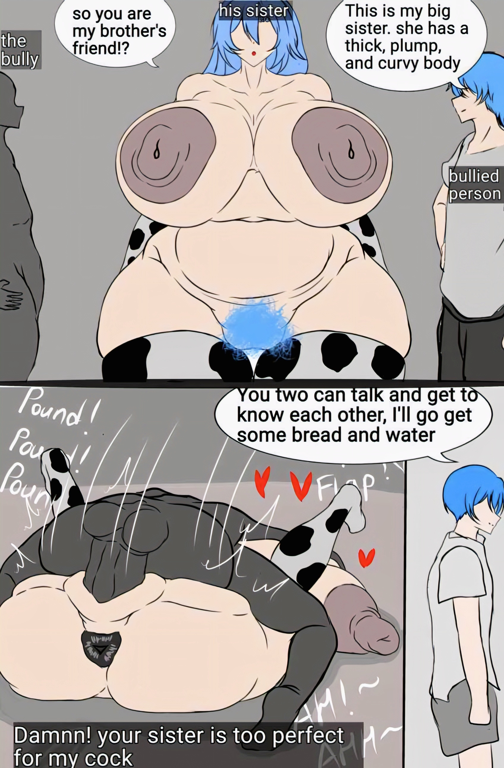 anus, back view, big breasts, big sister, black body, blacked, blue hair, breasts, breasts bigger than head, bully, cellulite, chubby, chubby female, cinthya!! (r18), clapping ass, clapping cheeks, cow girl, cow print, cuckold, dark nipples, erect nipples, fat ass, front view, gloves, huge ass, huge breasts, hyper breasts, interracial, legs up, lipstick, long hair, massive ass, massive breasts, nipples, nipples visible through clothing, ntr, older sister, open legs, penis in pussy, pubic hair, pussy, pussy hair, sister, sister cuckold, sisterly cuckold, socks, text, thick ass, thick legs, thick thighs, thighs, vaginal penetration, white body