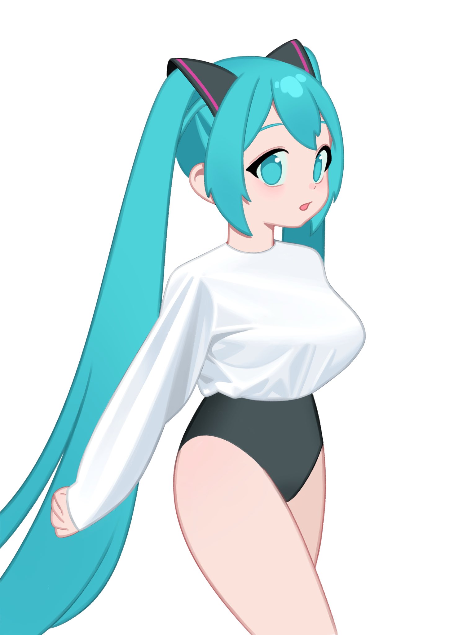 1girl, aqua eyes, aqua hair, bangs, black leotard, breasts, cowboy shot, female, hatsune miku, highres, hochihochiha, hochihochihavocaloid, large breasts, leotard, long hair, long sleeves, looking at viewer, open mouth, shirt, simple background, sleeves past wrists, solo, surprised, twintails, very long hair, white background, white shirt