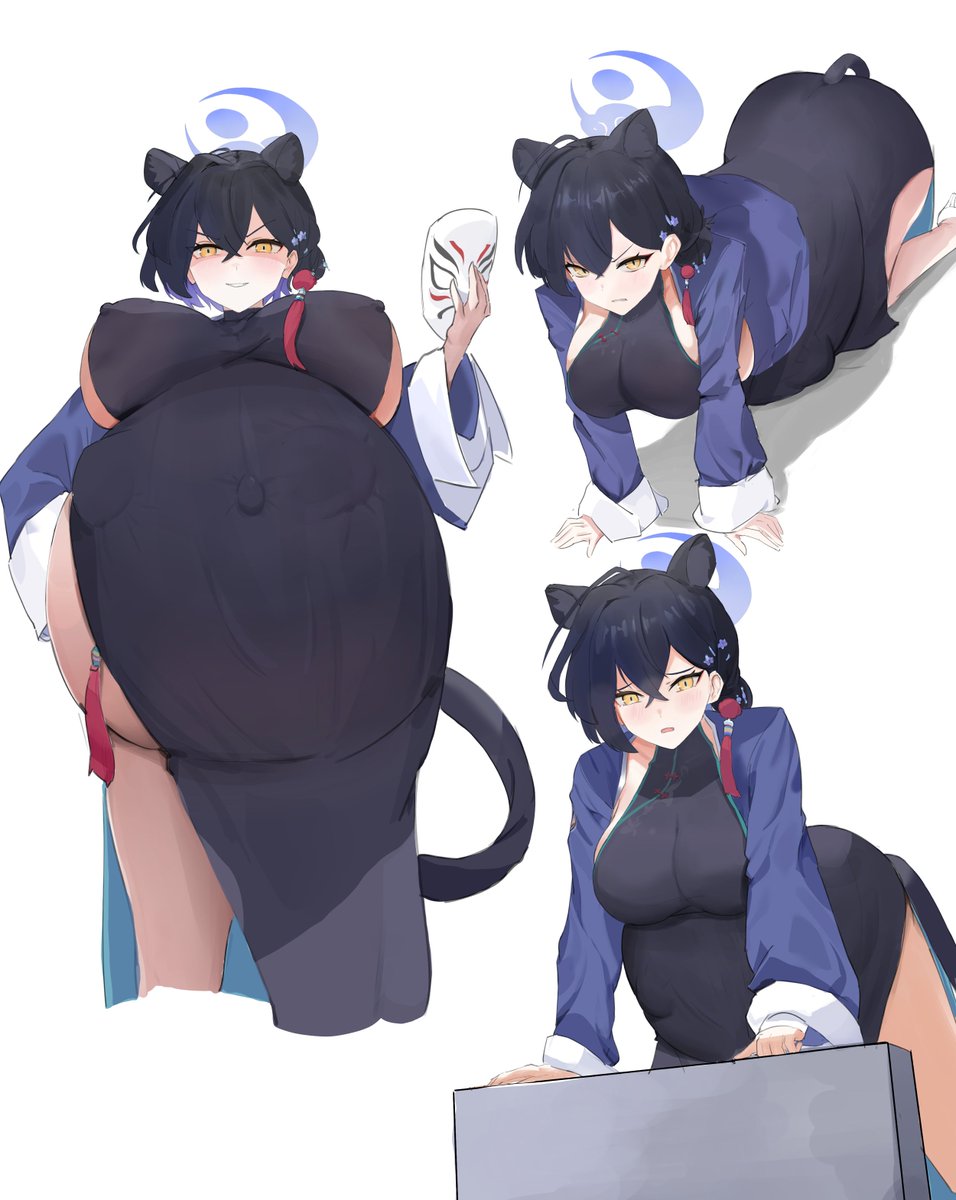 1girls, animal ears, artist request, big belly, big breasts, blue archive, cheongsam, crouching, halo, kaguya (blue archive), mask, pregnant, pregnant belly, pregnant female, qipao, shanhaijing secondary school student, tail