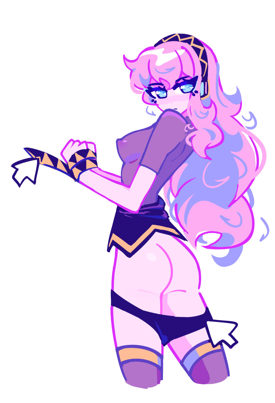 ass, blue eyes, breasts, cursor, dizzyisdizzy, female, hands tied, headphones, long hair, looking at viewer, looking back, megurine luka, nipples visible through clothing, panties, panties down, pink hair, see-through clothing, simple background, solo, thighhighs, tied hands, tied wrists, vocaloid, white background
