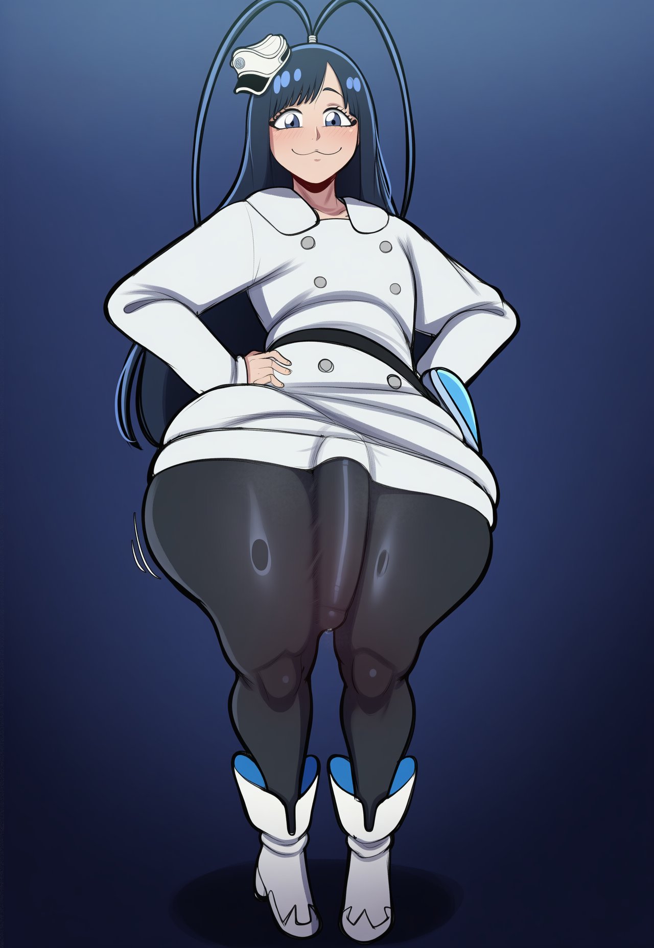 :3, 1futa, 2d, ai generated, antenna hair, ass, big ass, big butt, big cock, big penis, big thighs, black hair, black pantyhose, bleach, blue eyes, blue hair, blush, boots, bulge, bulge through clothing, bulge under clothes, cock, erection, erection under clothes, full body, futa only, futanari, futanari only, gigigens, giselle gewelle, hair ornament, hands on own hips, hat, huge cock, large ass, large butt, large cock, large penis, large thighs, long hair, long sleeves, looking at viewer, massive cock, massive penis, pantyhose, penis, penis bulge, smile, solo, solo futa, solo futanari, standing, thick ass, thick butt, thick cock, thick penis, thick thighs, thighs, wide hips