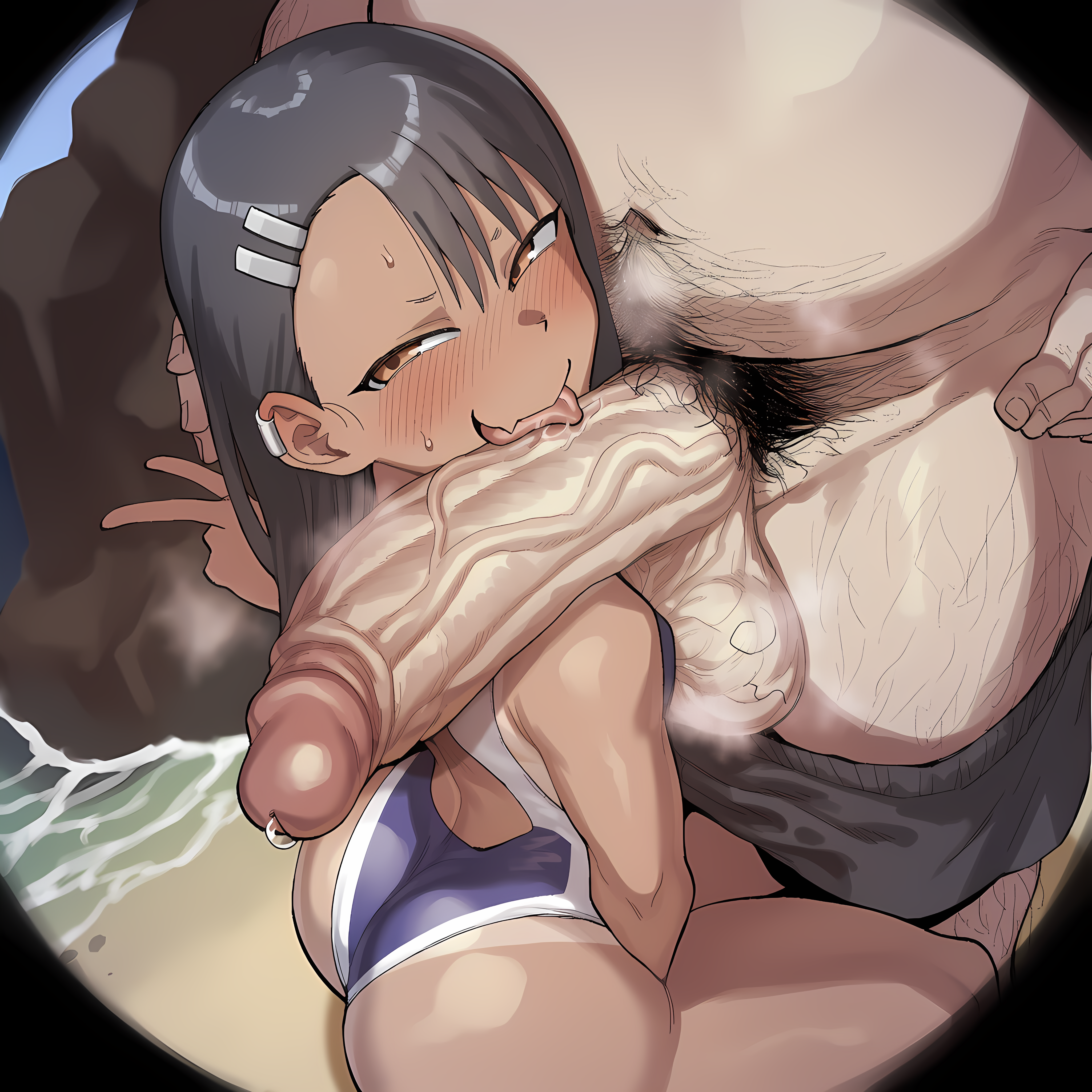 1boy, 1girls, absurdly large cock, ai generated, ass, beach, big ass, big butt, big cock, big penis, black hair, blush, brown eyes, cock, erect penis, erection, fat male, female, hairclip, hayase nagatoro, huge cock, hyper penis, kneeling, large penis, licking, licking penis, long penis, male, one-piece swimsuit, peace sign, penis, please don't bully me, nagatoro, precum, pubic hair, saliva, school swimsuit, self upload, standing, swimsuit, tan, tanline, teenage girl, teenager, thick penis, upscaled, v, veiny penis