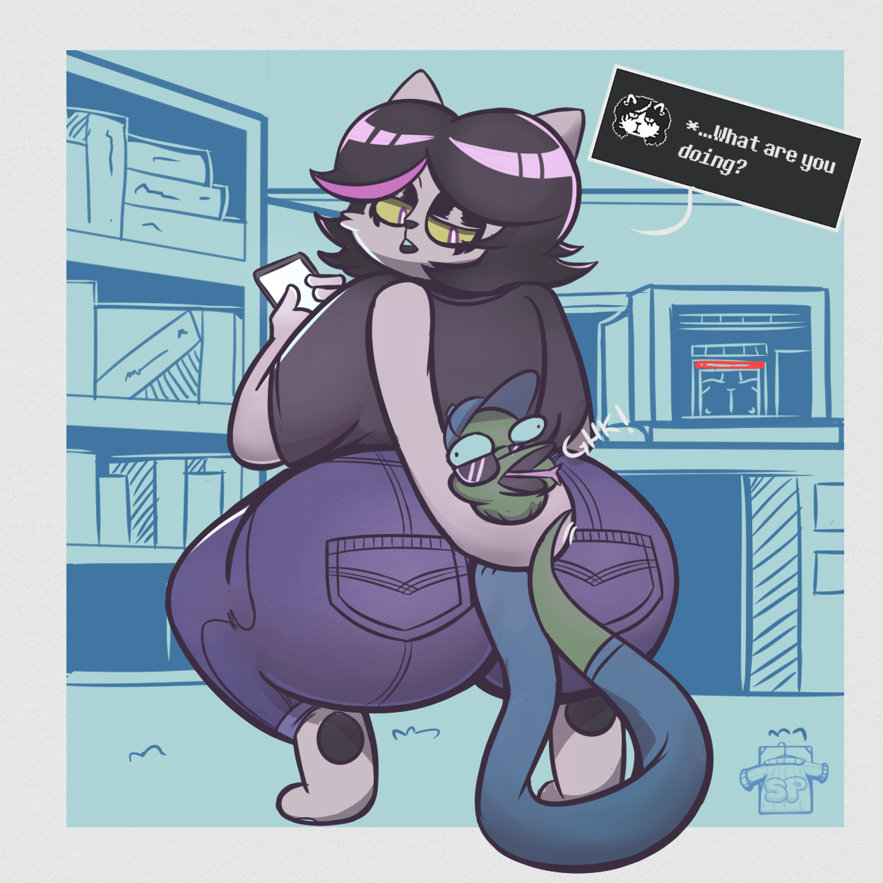1:1, 2018, alternative, anthro, anthro female, asphyxiation, ass, barefoot, big, biped, black clothing, black hair, black nose, black shirt, black topwear, body, bottomwear, cat ears, catgirl, catti (deltarune), choking, chubby, chubby anthro, chubby female, clothed, clothing, crouching, curvy figure, deltarune, denim, denim bottomwear, denim clothing, dialogue, digital media (artwork), domestic , duo, english text, eyes, eyeshadow, fashion, felid, feline, felis, female, fully clothed, fur, furry, furry female, goth, hair, headshot portrait, hi res, hips, huge butt, jeans, jockington (deltarune), looking back, makeup, male, mammal, multicolored hair, open mouth, overweight, overweight female, pantspupils, portrait, pupils, purple eyes, reptile, scalie, scalie male, shirt, simple background, sitting, snake, sweater pups, text, thick thighs, tongue, tongue out, topwear, twitter link, two tone hair, undertale (series), voluptuous, white, wide, yellow, yellow sclera