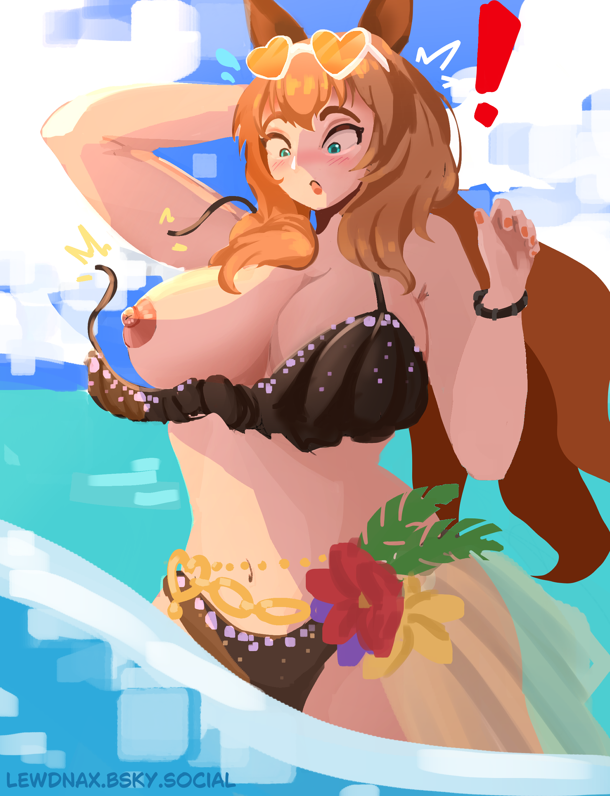 1girls, absurd res, accidental circumstance, accidental exposure, animal ears, aqua eyes, areola, areola slip, bare shoulders, bikini, bikini top, black bikini, blue sky, blush, breasts, breasts out, brown hair, brown tail, chains, cleavage, cowboy shot, embarrassed, embarrassed female, eyewear on head, female, female focus, female only, flower, full color, green eyes, highres, horse ears, horse girl, horse tail, large breasts, light skin, light-skinned female, long hair, maruzensky (umamusume), moradoodle, navel, nipple slip, nipples, ocean, official alternate costume, official alternate hairstyle, open mouth, outdoors, public, public exposure, self upload, solo, stomach, summer, sunglasses, sunglasses on head, sunlight, surprised expression, swimsuit, tail, umamusume, umamusume pretty derby, wardrobe malfunction, water
