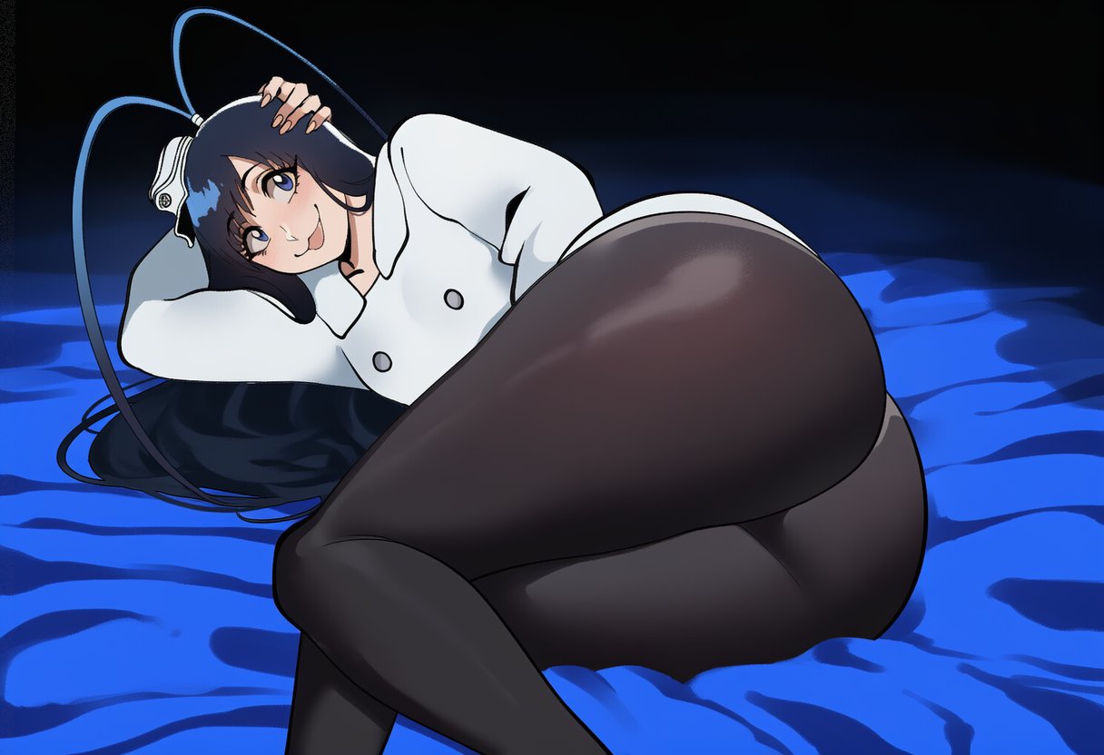 1girls, 2d, ai generated, antenna hair, ass, big ass, big butt, big thighs, black hair, black pantyhose, bleach, blue eyes, bubble butt, female, female only, gigigens, giselle gewelle, hair ornament, hat, huge ass, huge butt, large ass, large butt, large thighs, long hair, looking at viewer, lying, on side, pantyhose, presenting, presenting hindquarters, smile, solo, solo female, thick ass, thick butt, thick thighs, thighs