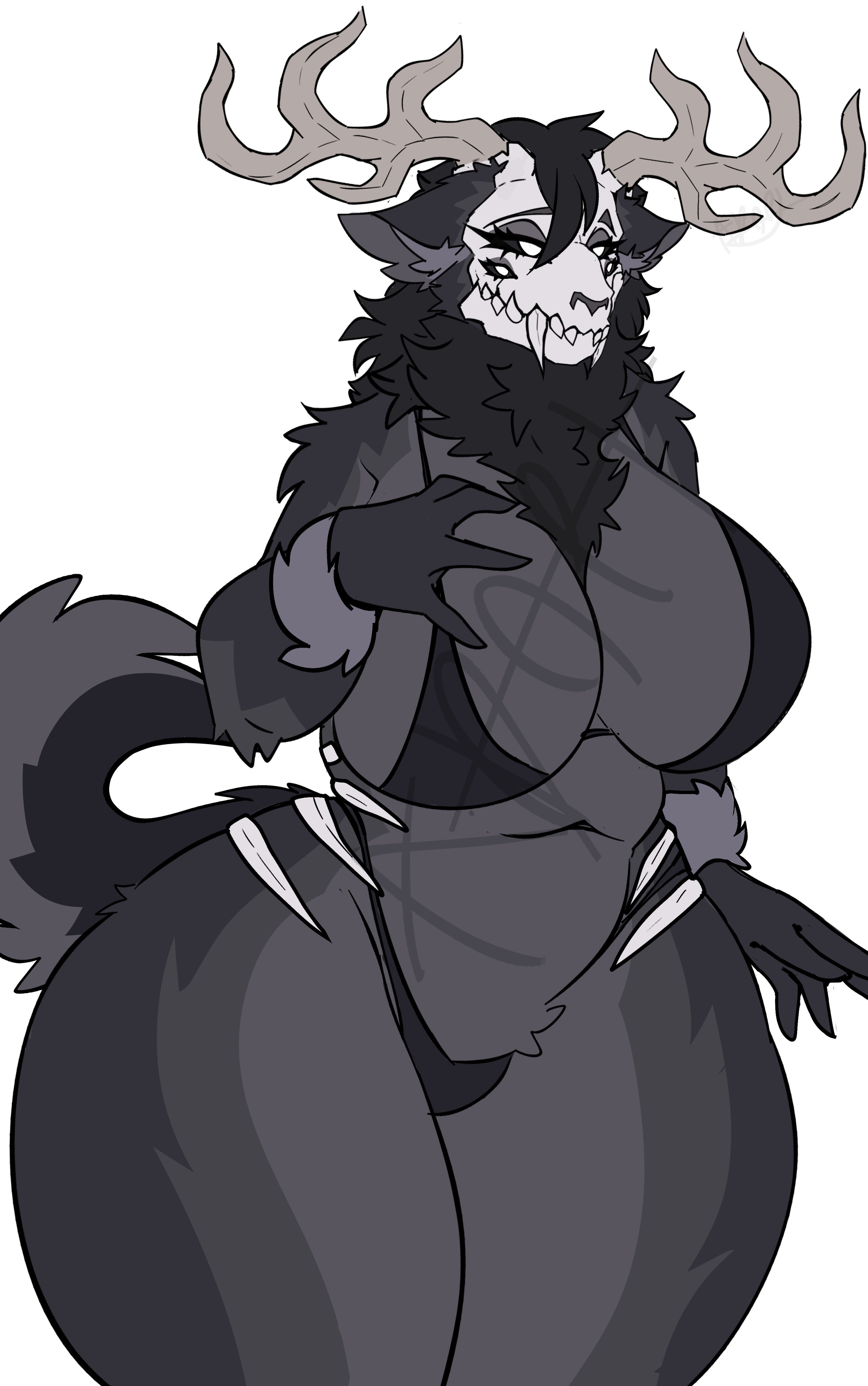 1girls, 2026, animal ears, animal tail, big breasts, big female, black and white, black body, black bra, black fur, black hair, black panties, bra, breasts, digital media (artwork), female only, fur, furry, furry female, furry only, hellhound, hi res, horns, huge breasts, james andromeda, large breasts, legs, long hair, looking away, mal0, malo, multiple eyes, panties, scp, scp foundation, scp-1471, scp-1471-a, simple background, skull, skull head, solo, tail, thick thighs, thighs, white background, wide hips