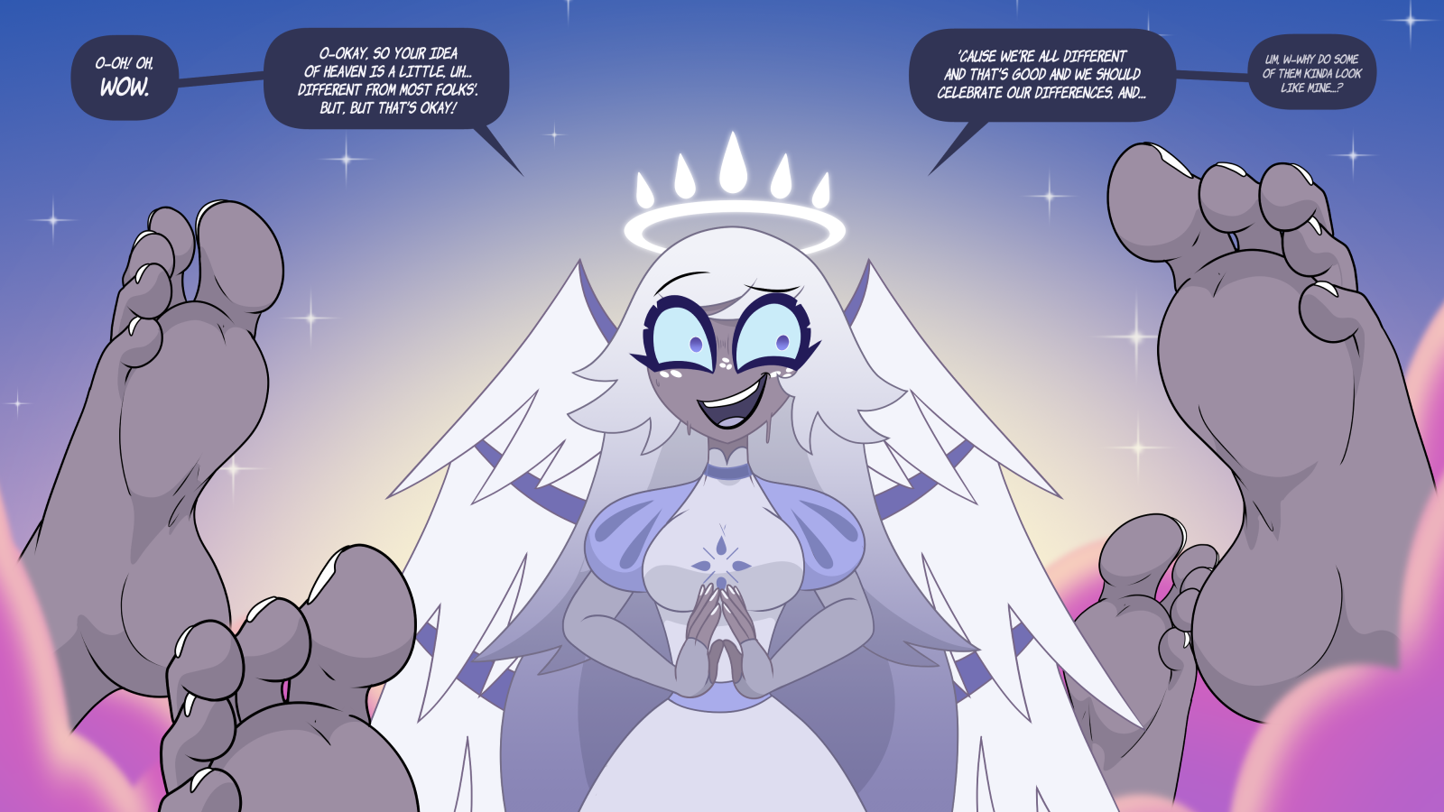 1girls, absurdres, angel, angel girl, angel wings, best feet, blue eyes, clouds, dark-skinned female, dialogue, dialogue bubble, disembodied feet, disembodied foot, emily (hazbin hotel), feet, feet up, female focus, female only, foot fetish, foot focus, foot play, foot worship, freckles, funny, grey skin, halo, hazbin hotel, heaven, highres, nasiri (artist), nervous female, night sky, paradise, several feets, soles, soles fetish, solo female, stars, surprised expression, toes, vivziepop, white hair, white toenail polish