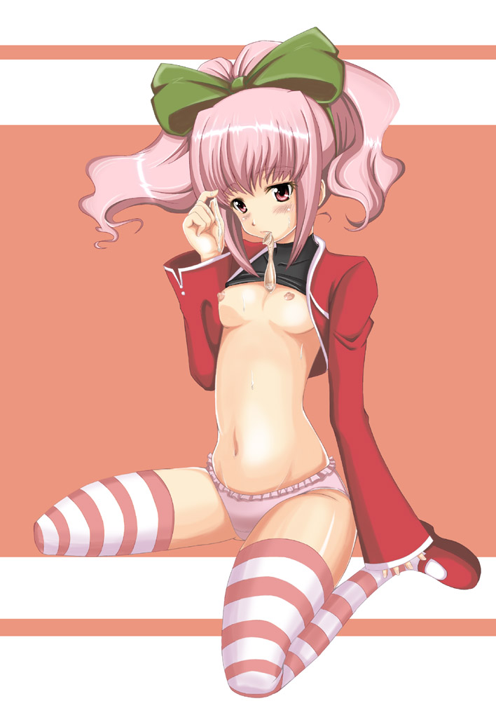 1girls after_sex anya_alstreim blush bow breasts code_geass condom cum female flat_chest frilled_panties frills hairbow kneeling mary_janes mouth_hold navel nipples no_pants panties pink_eyes pink_hair pink_panties ponytail shirt_lift shoes short_hair solo striped striped_legwear striped_thighhighs sweat thighhighs tied_hair turtleneck underwear used_condom yotsuha_(artist) zettai_ryouiki