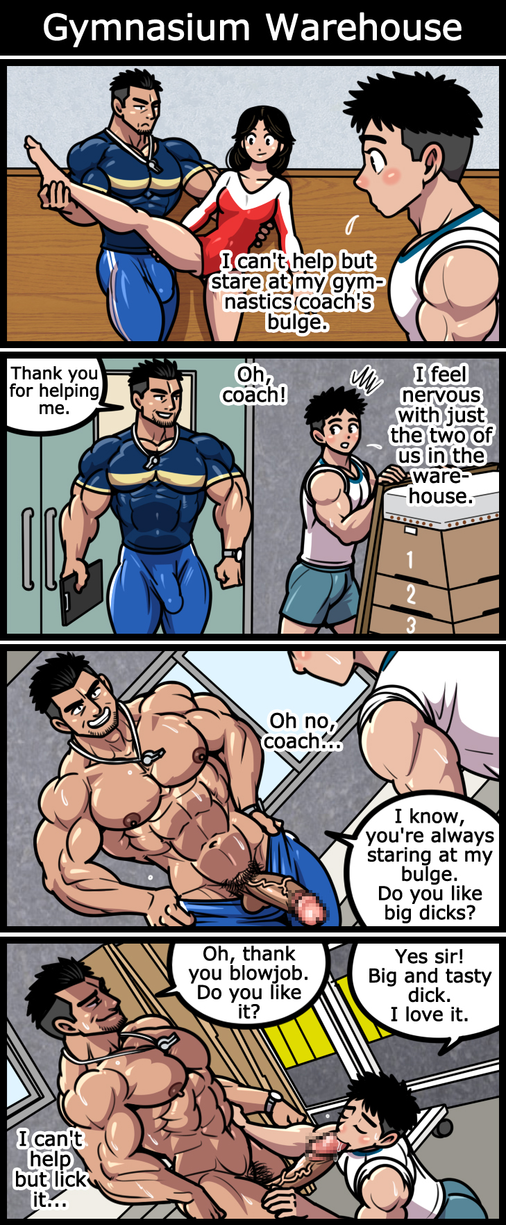 2boys, abs, age difference, big penis, blowjob, blush, coach, daddy, daddy kink, dilf, english, english text, erect penis, erection, fellatio, gasheckman, gay, gay blowjob, gay sex, gymnastics, height difference, hidden, horny, huge cock, kneeling, kneeling oral position, large penis, male, male only, male/male, muscular, muscular male, oral, oral penetration, oral sex, pecs, pleasure face, pubic hair, seductive, size difference, stealth sex, student, student and teacher, sweat, sweatdrop, sweating, sweaty body, teacher, teacher and student, text, text bubble, thick penis, veiny penis, warehouse, yaoi