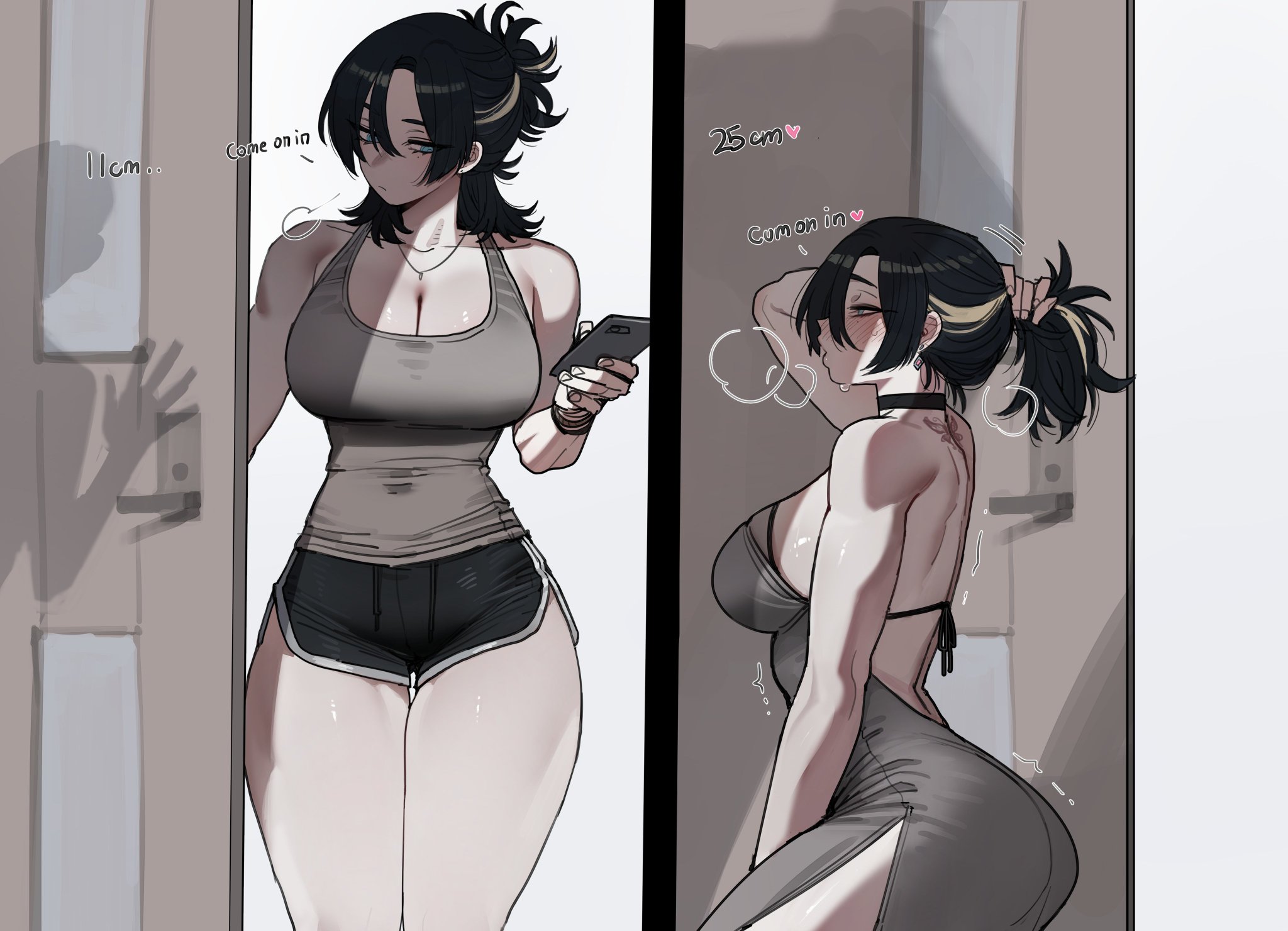 1girls, ass, bare arms, bare legs, bare shoulders, bare thighs, big ass, big breasts, big butt, black hair, blush, clothed, clothing, color, english text, female, female focus, female only, fit female, hi res, kneeling, large breasts, light skin, light-skinned female, long hair, on knees, original character, ratatatat74, size difference, solo, solo female, tagme, text, thick thighs