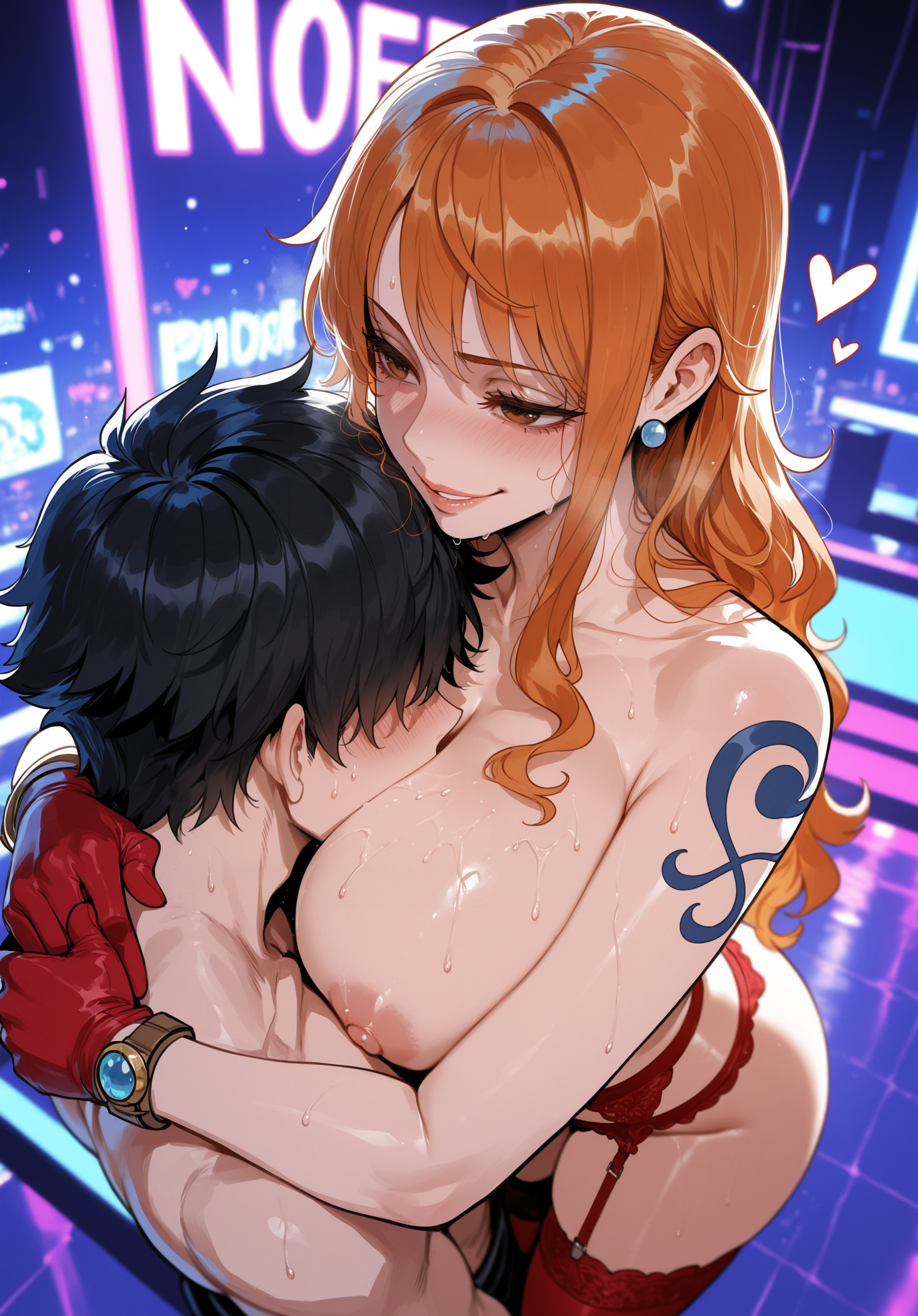 ai generated, ass, ass grab, big, big ass, big breasts, big butt, big thighs, breasts, clothing, cute, face in breasts, female, focus, hug, hug and suck, hug breasts, huge, huge ass, huge breasts, huge butt, huge thighs, legs, male, miyuai, nami (one piece), one piece, red clothing, sexy, thick, thick ass, thick butt, thick hips, thick thighs, thighs