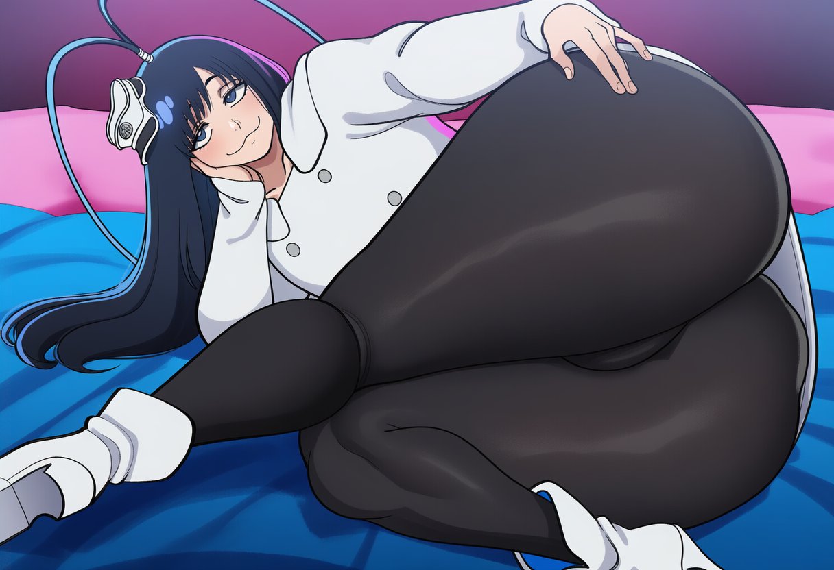 :3, 1girls, 2d, ai generated, antenna hair, ass, ass focus, big ass, big butt, big thighs, black hair, bleach, blue eyes, blush, boots, bubble butt, bulge, female, female only, flat chest, flat chested, gigigens, giselle gewelle, hair ornament, huge ass, huge butt, large ass, large butt, large thighs, long hair, looking at viewer, lying, on side, pantyhose, smile, solo, solo female, thick ass, thick butt, thick thighs, thighs