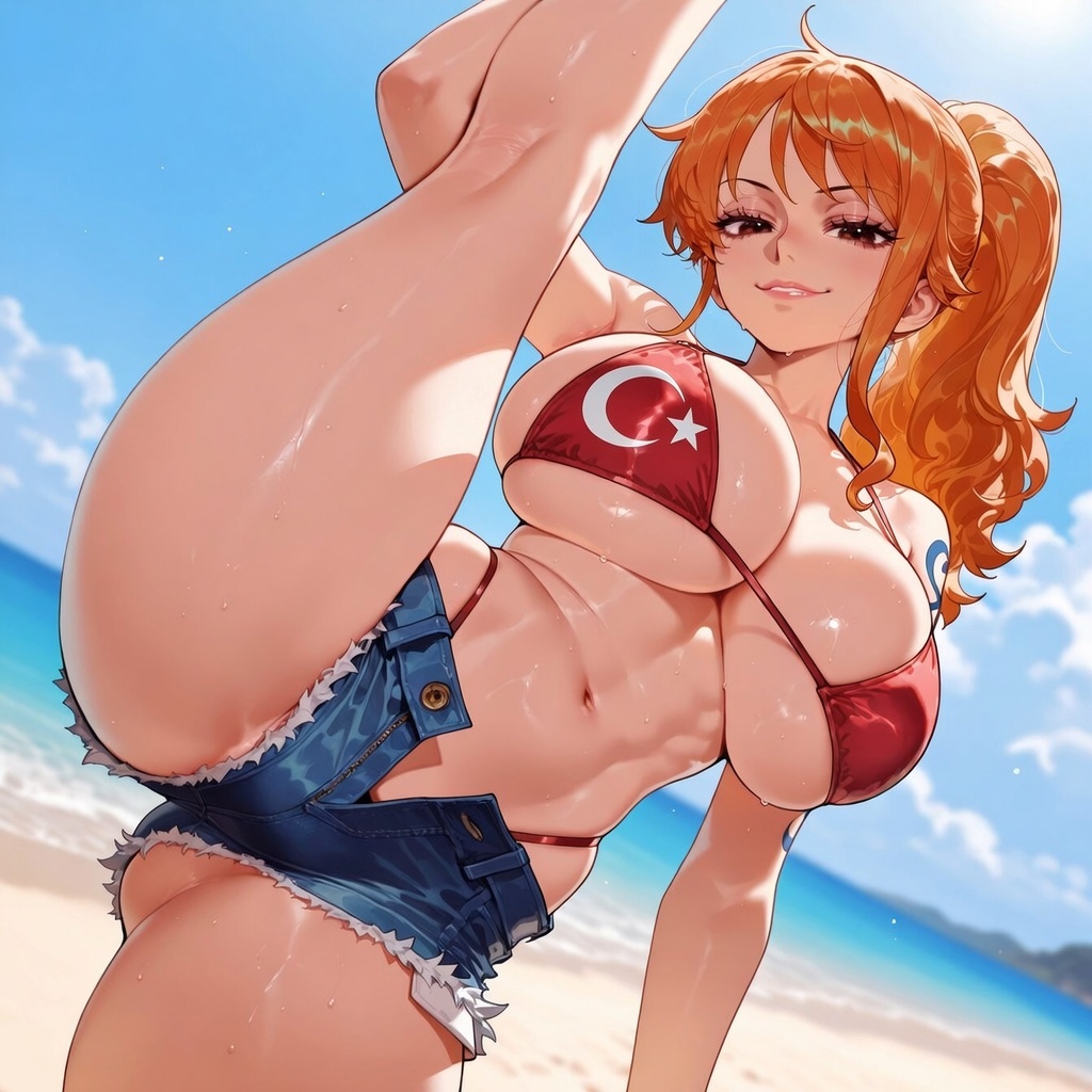 1girls, ai generated, ass visible through thighs, balecxi, bare shoulders, beach, bikini, bikini under clothes, blue shorts, blue sky, blush, breasts, brown eyes, cleavage, clothing, cloud, collarbone, curvaceous, curvaceous female, curvaceous figure, curvy, curvy figure, cutoffs, day, denim, denim shorts, edit, edited, exhibitionism, female, female focus, female only, flexible, grin, highleg, highleg bikini, huge breasts, inviting, inviting to sex, kneepits, large breasts, leg lift, leg up, lips, long hair, looking at viewer, nami (one piece), navel, ocean, one piece, open fly, orange hair, outdoor nudity, outdoors, outside, parted lips, ponytail, presenting, presenting ass, presenting breasts, presenting hindquarters, presenting pussy, presenting self, red bikini, seductive, seductive look, seductive smile, shiny skin, short shorts, shorts, shoulder tattoo, sidelocks, skindentation, sky, smile, solo, split, standing, standing on one leg, standing split, stomach, striped bikini, striped clothes, sweat, swimsuit, tattoo, thick thighs, thighs, turkish bikini, turkish flag, unbuttoned, underboob, voluptuous, voluptuous female, wet